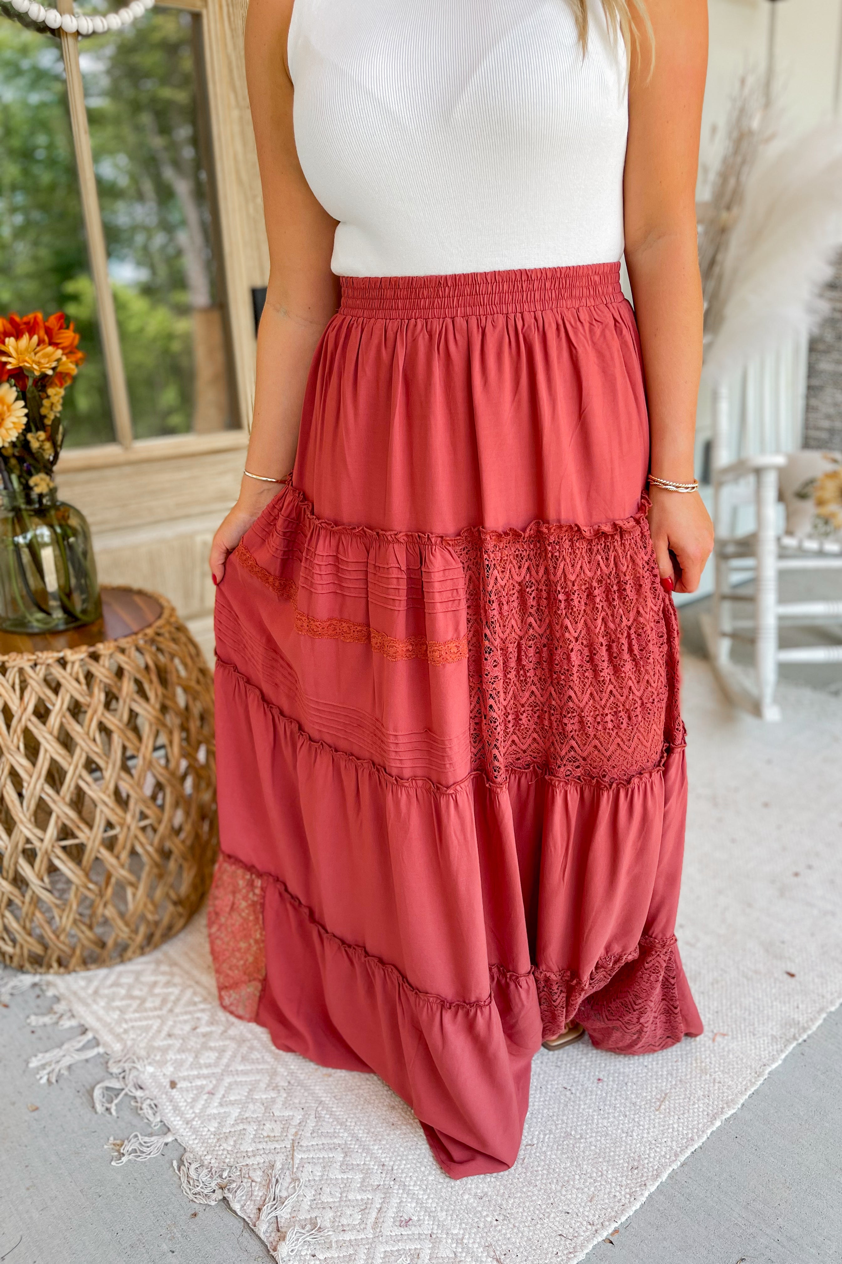Evelyn Elastic Waist Lace Detail Tiered Maxi Skirt *FINAL SALE 