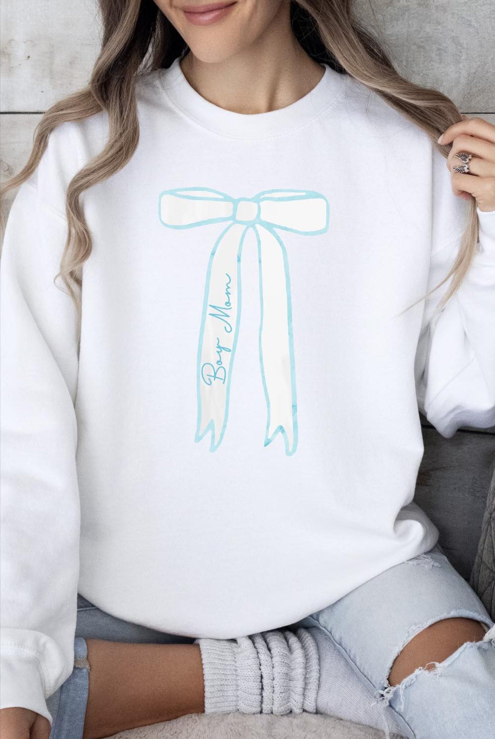 PREORDER Dainty Blue Bow for MOM Long Sleeve Crew Neck Sweatshirt - Be You Boutique