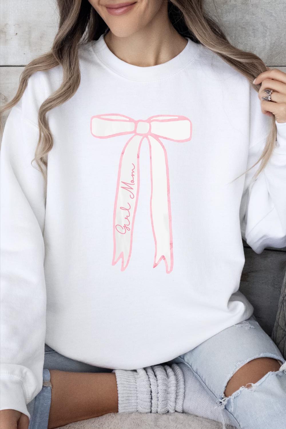 PREORDER Dainty Pink Bow for MOM Long Sleeve Crew Neck Sweatshirt - Be You Boutique