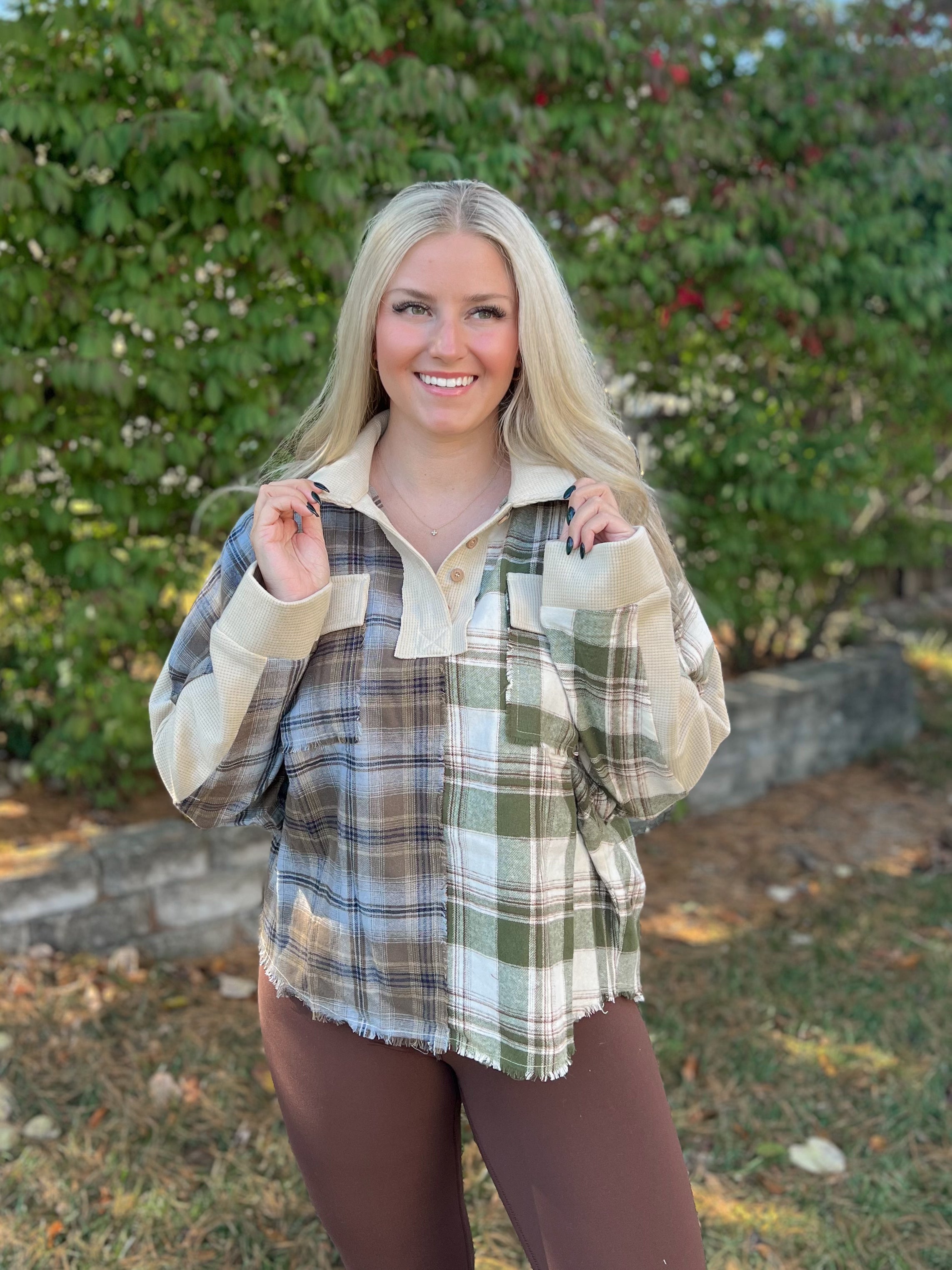 Lisa Plaid Color Block Button Collared Top - Be You Boutique