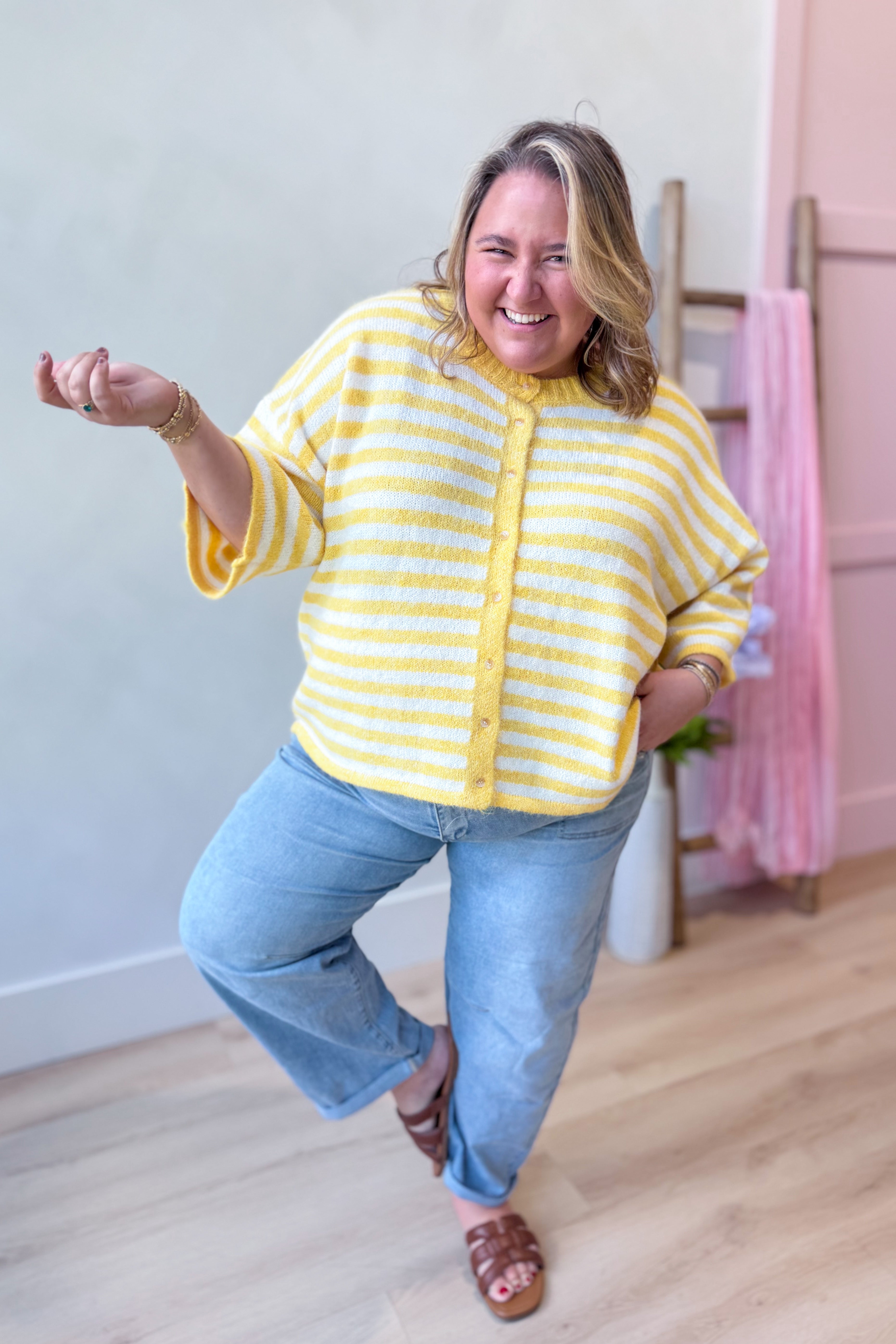 Yellow striped button-down cardigan top from BAEVELY's 131 Spring Sweaters collection, featuring a relaxed fit and front buttons.