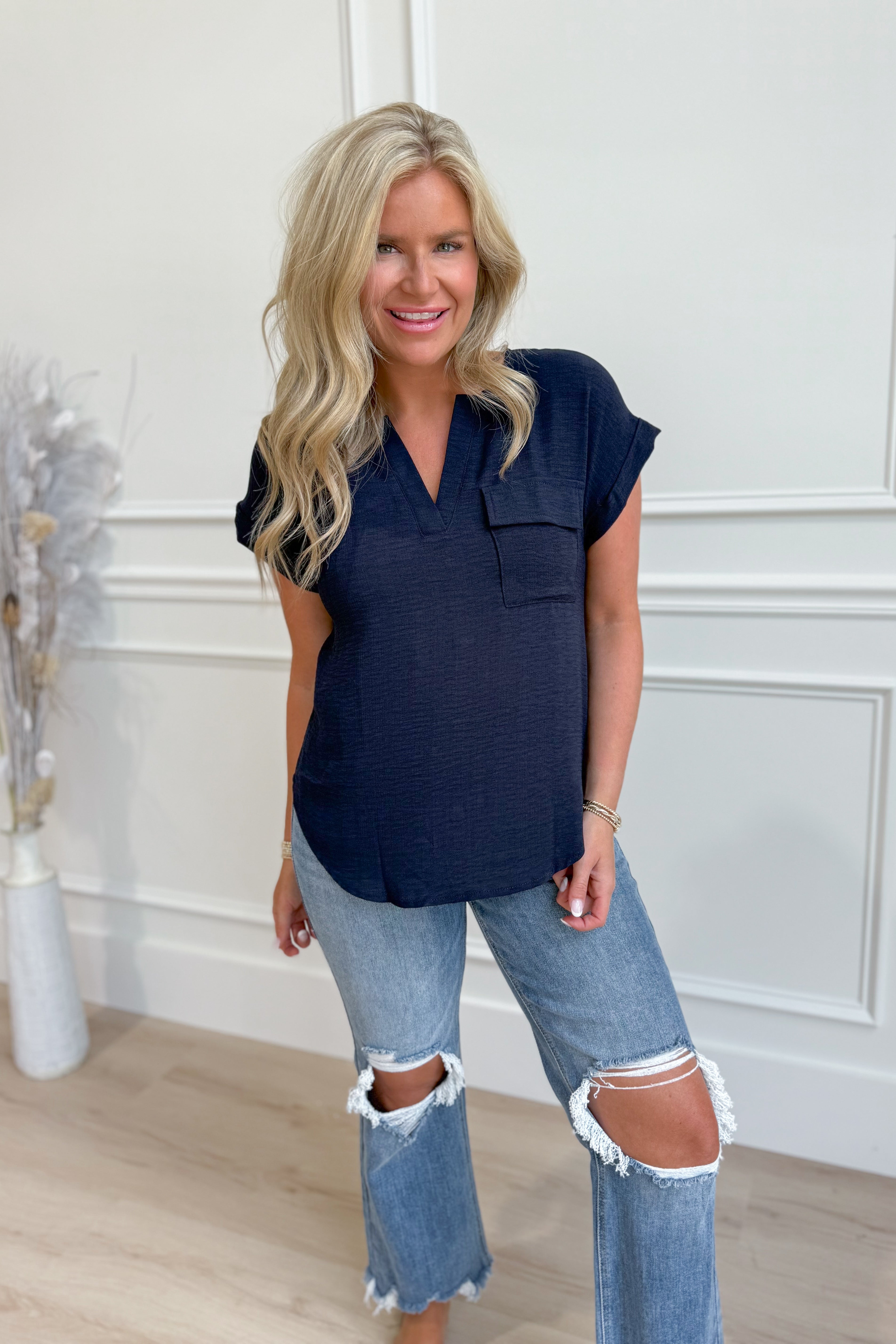 Courtney Split Neck Back Button Top - Be You Boutique