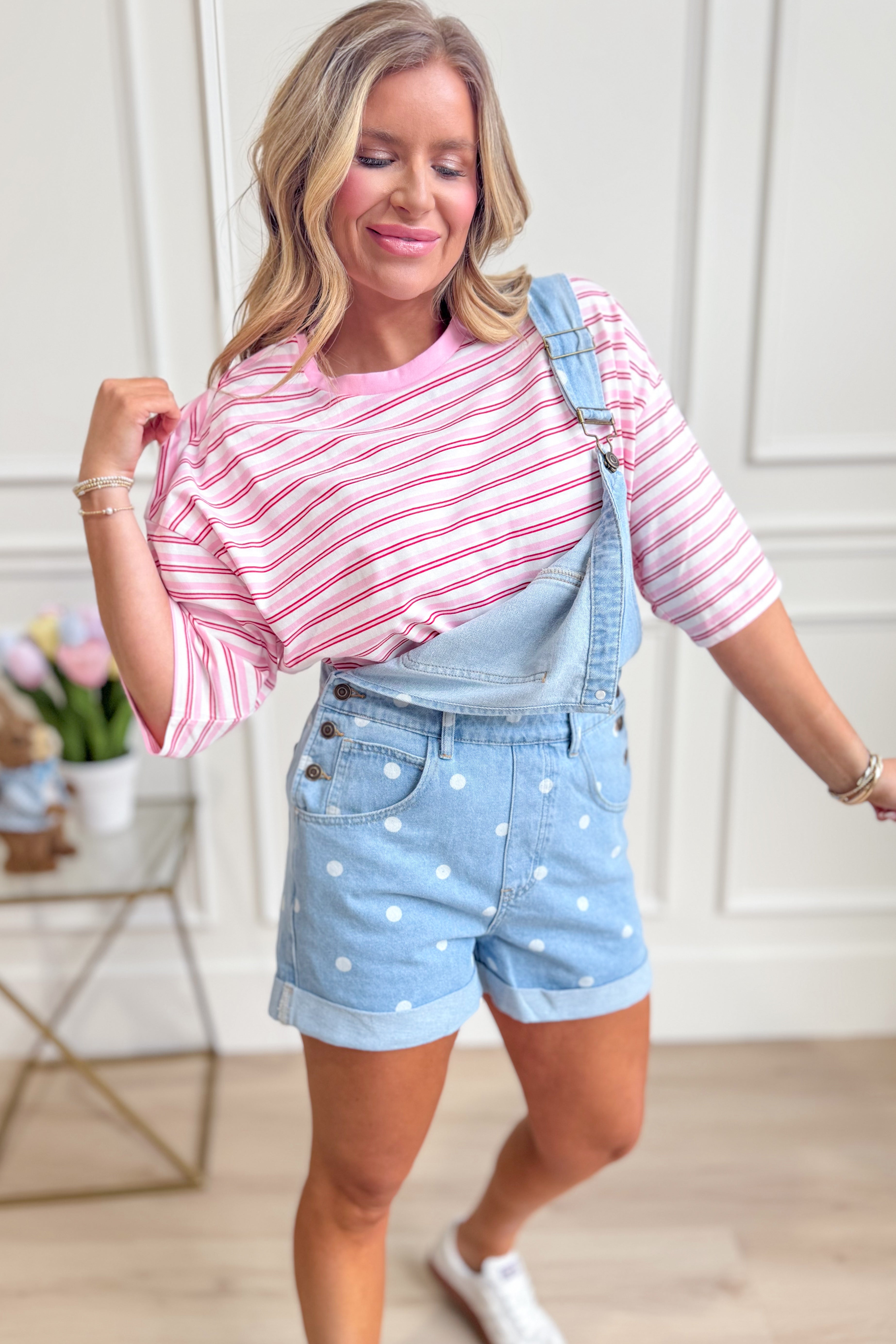 Peach Love Holly polka dot denim overall romper for women, featuring adjustable straps and front pockets, casual and trendy style.