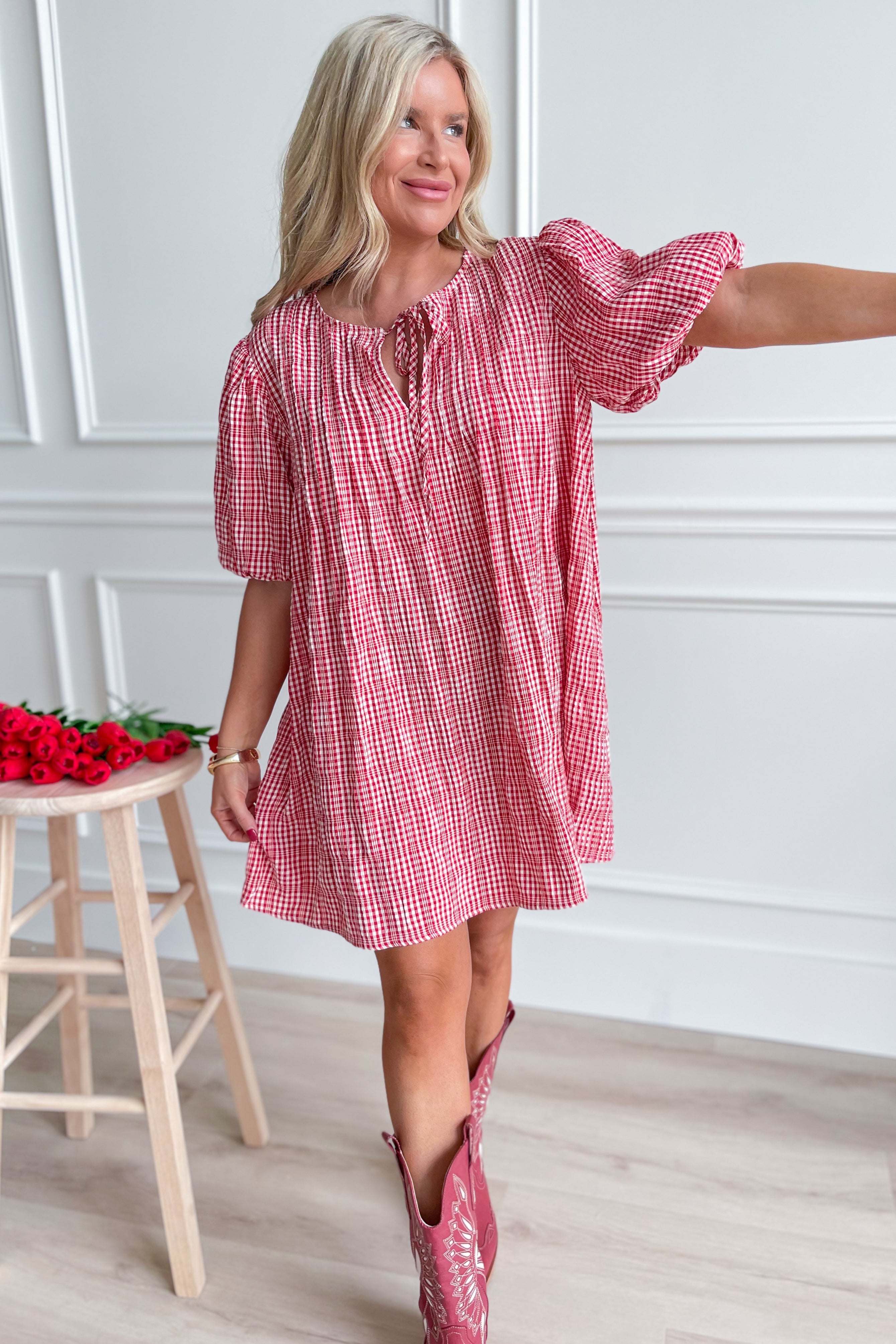 Carlie Plaid Printed Puff Sleeve Dress - Be You Boutique