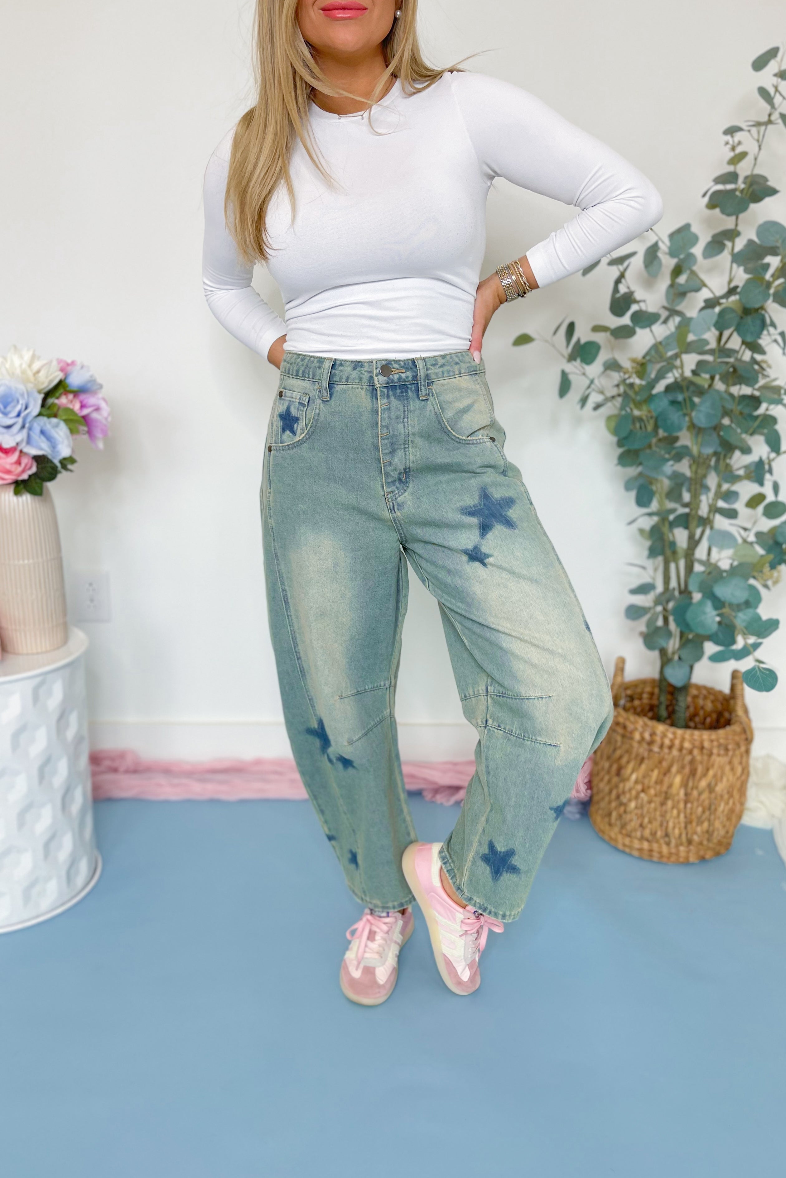 Star Printed Barrel Denim Pants - Be You Boutique