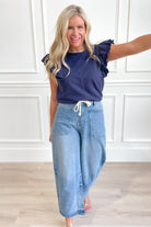 Lacy French Terry Ruffle Sleeve Top - Navy - Be You Boutique