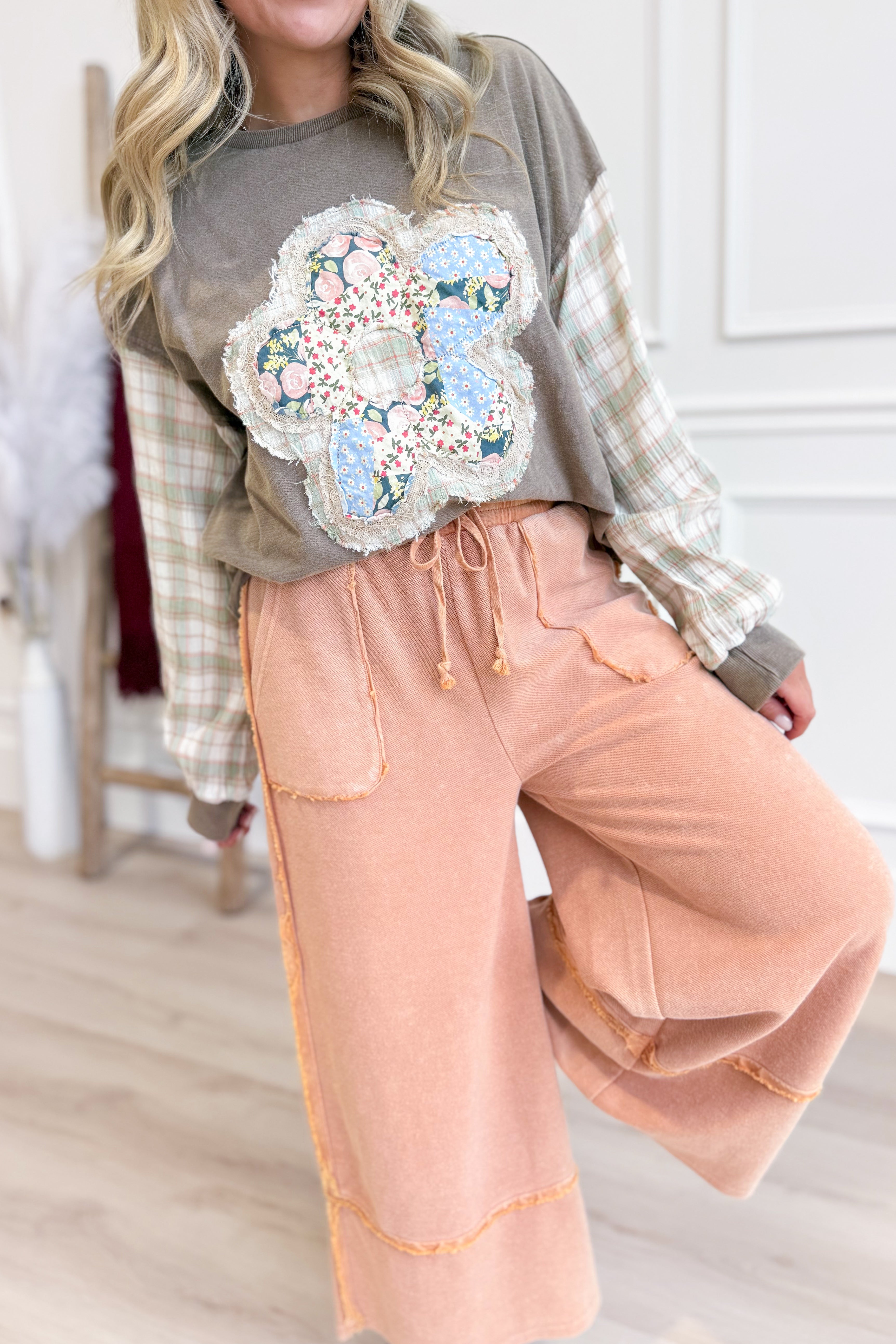 Sonya Plaid Sleeve Flower Patch Top - Be You Boutique