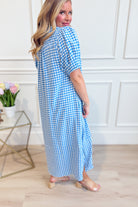 UMGEE USA Tonya plaid printed midi dress with long sleeves, V-neck, and flowy silhouette, suitable for dressy occasions.