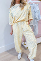 Frederick Butter Yellow Polka Dot PEACH LOVE French Terry Track Pant with elastic waistband and relaxed fit.