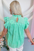 Ashley Checkered Ruffle Neck Top - Green - Be You Boutique
