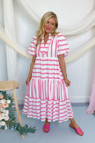 Ashley Striped Bubble Sleeve Midi Dress - Be You Boutique
