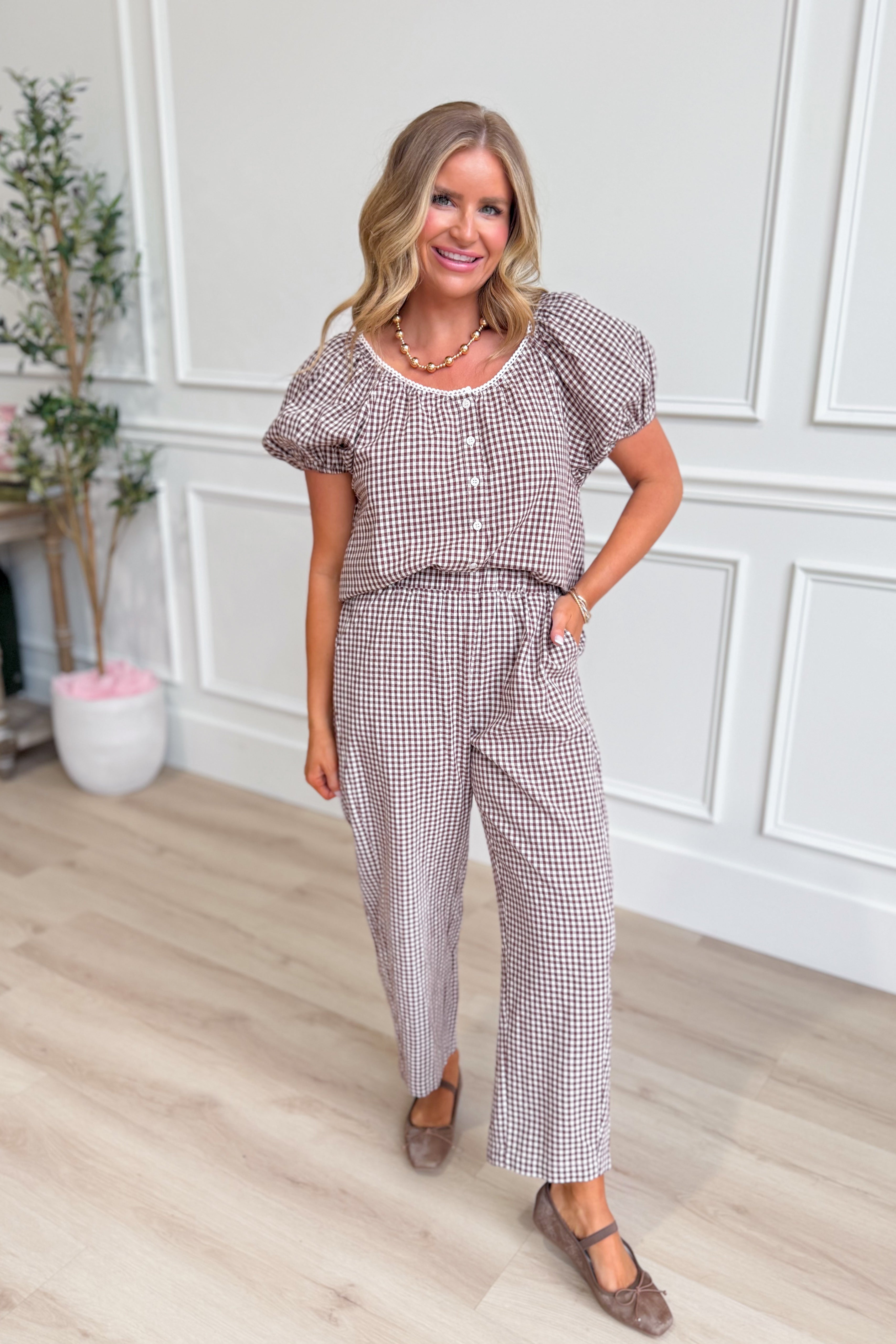 TWENTIFOURTH Linus Choco Gingham button-up blouse, a stylish dressy top with a classic checkered pattern and button details.