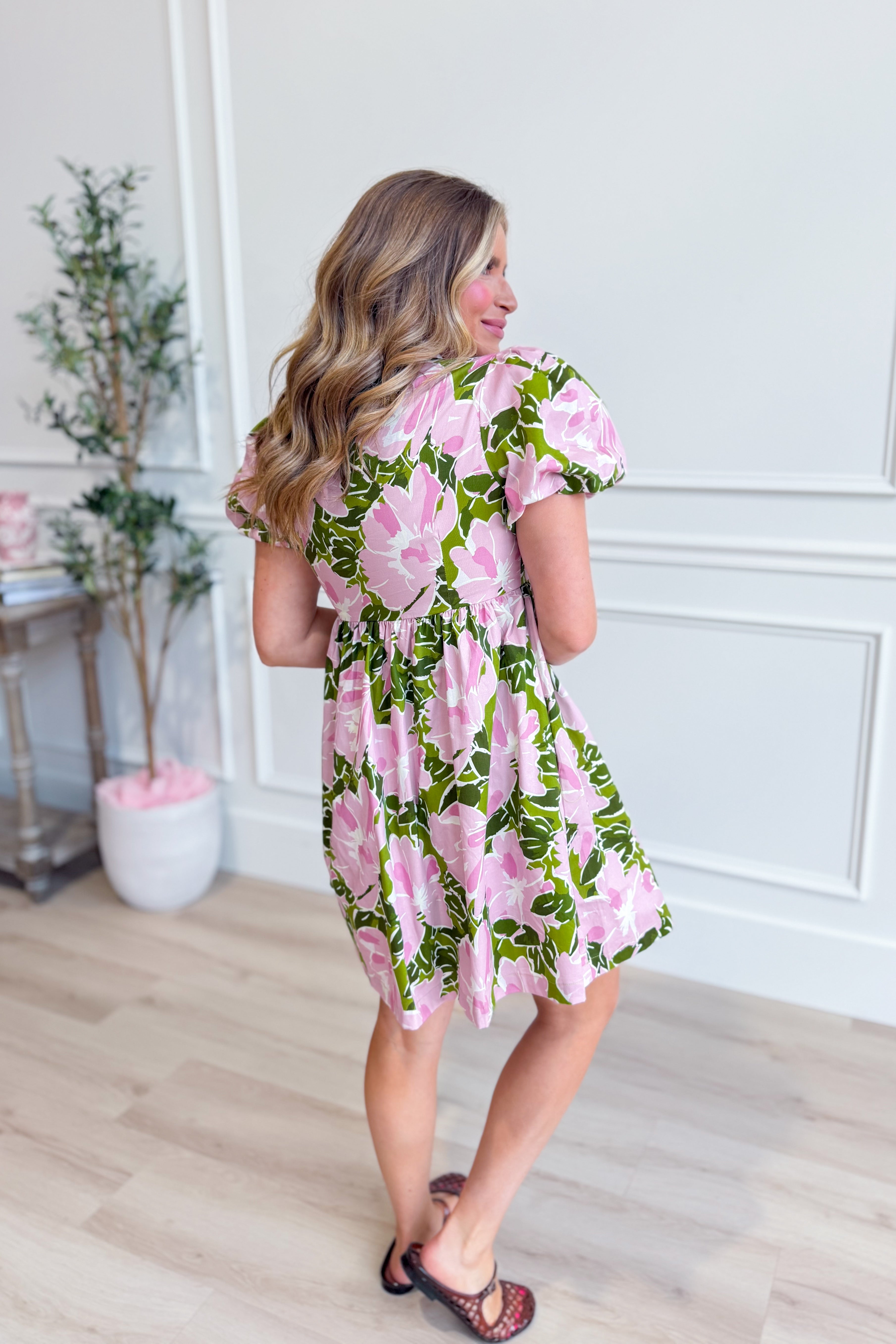TCEC fancy floral puff sleeve dress with a fitted bodice and flowy skirt, perfect for dressy occasions.