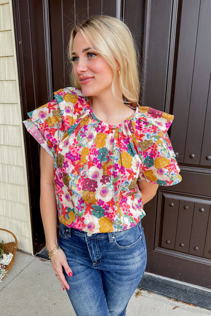 Mary Floral Print Short Sleeve Ruffle Detail Top - Be You Boutique