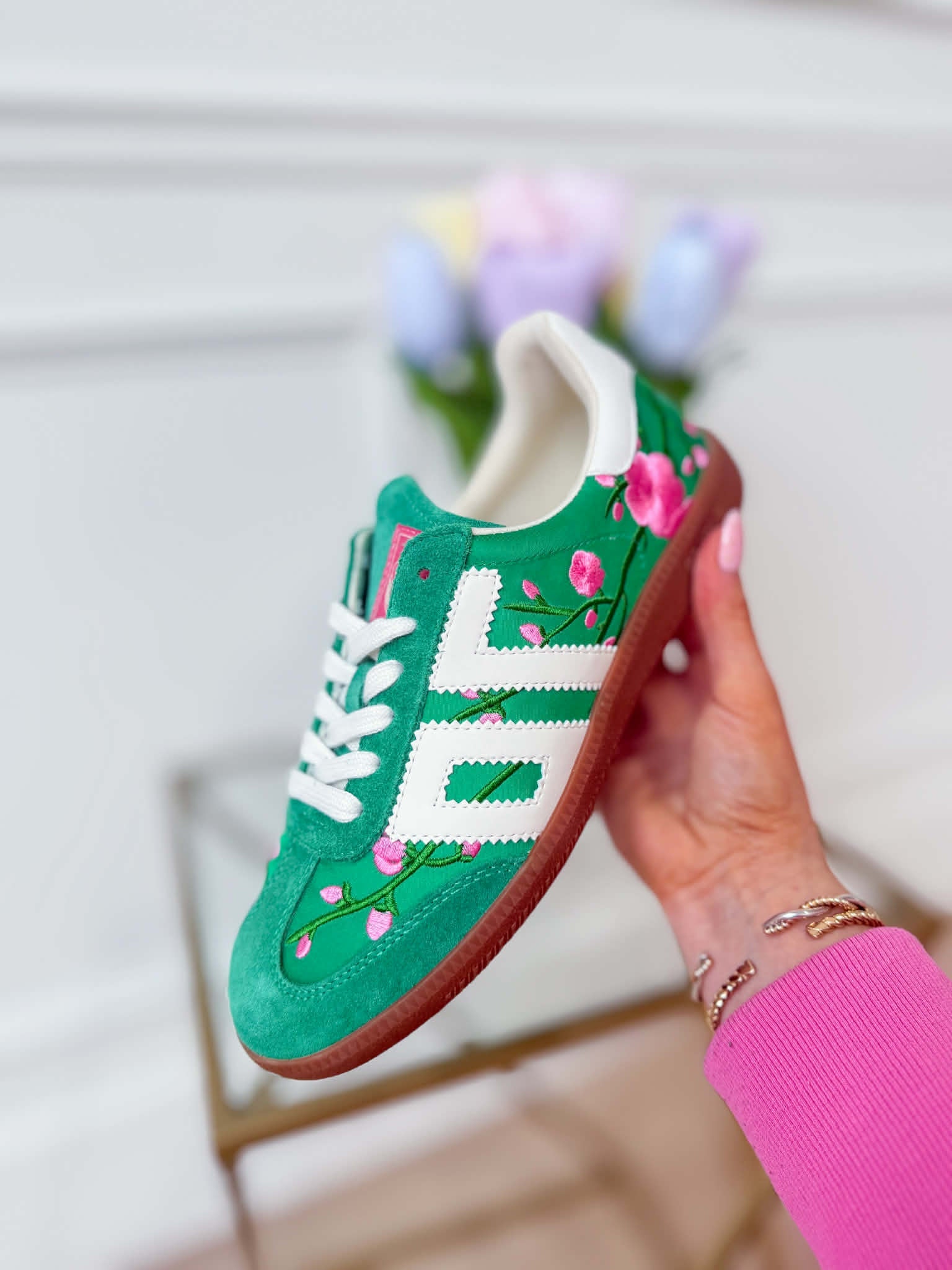 Green floral Ghost sneakers by BACK 70, 205 Sneakers style with detailed floral pattern on the breathable fabric upper.