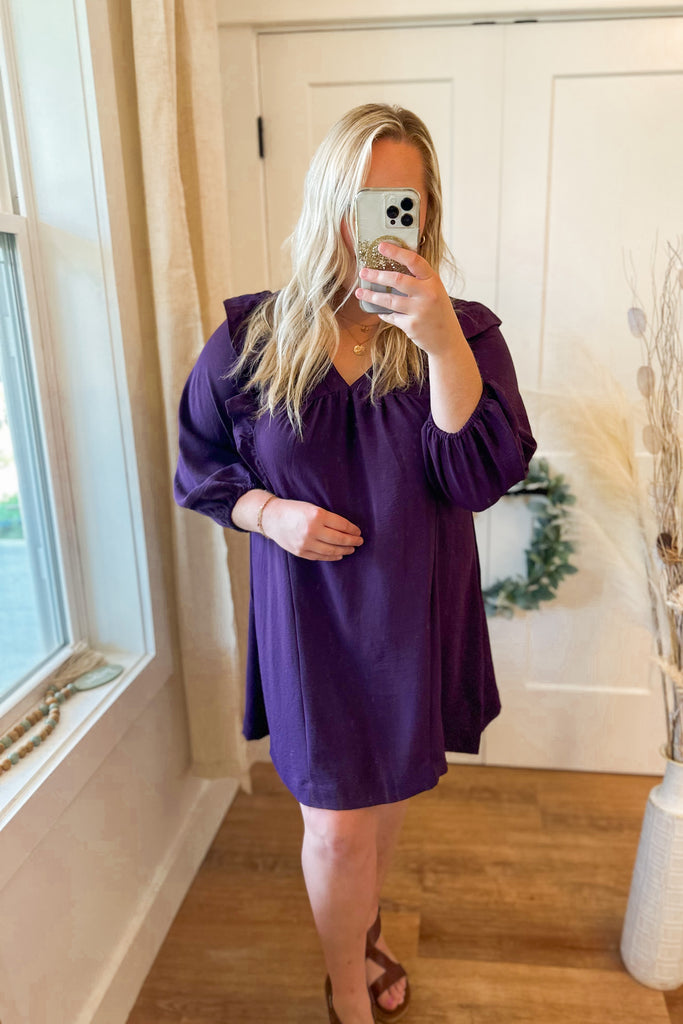 Luca Solid Balloon Long Sleeve Dress with Ruffle Details - Be You Boutique