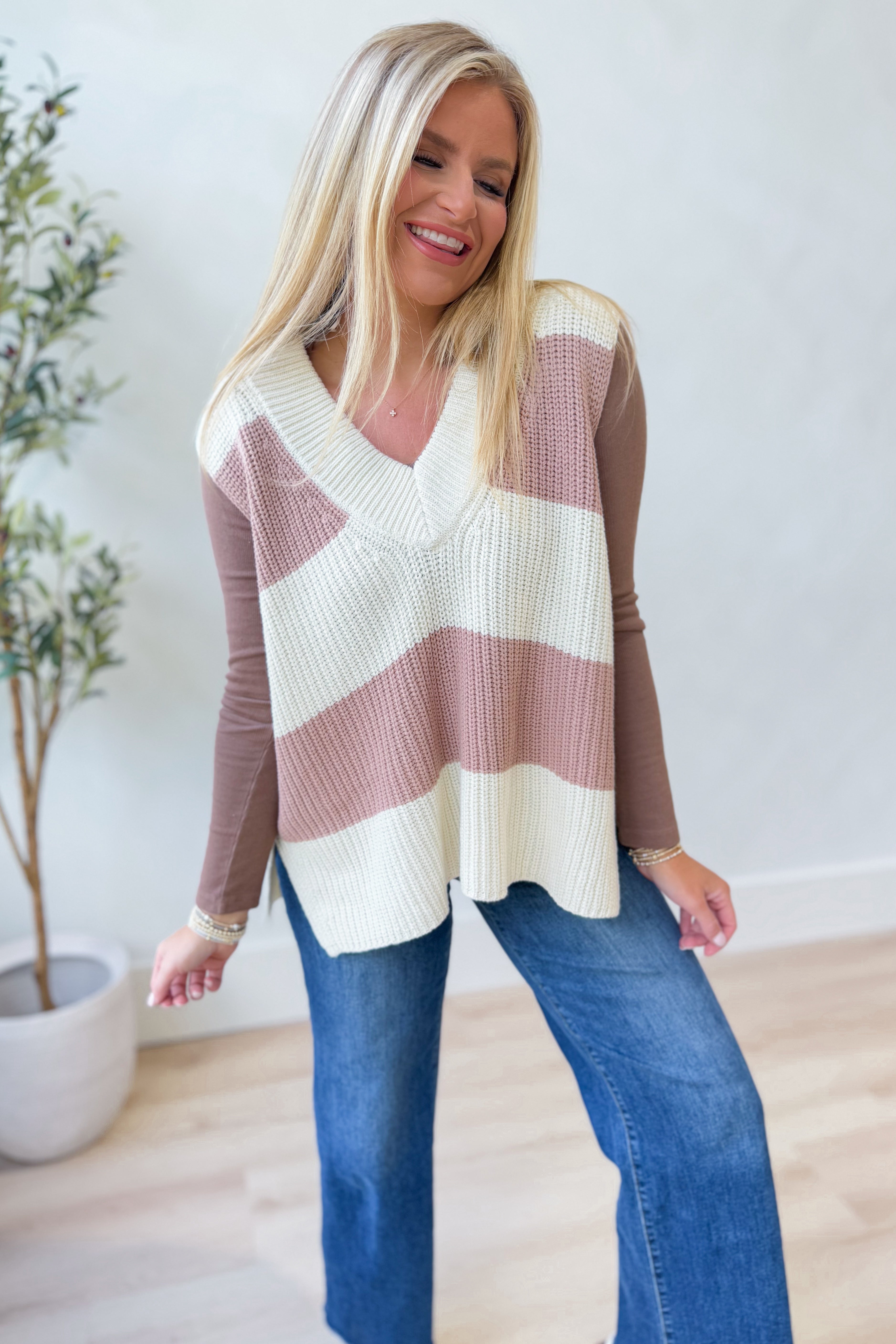 Caroline Striped Sleeveless Sweater Top - Be You Boutique