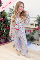Mary Square Charlotte Trimmed With Joy pajama set with coordinating top and pants in a festive print