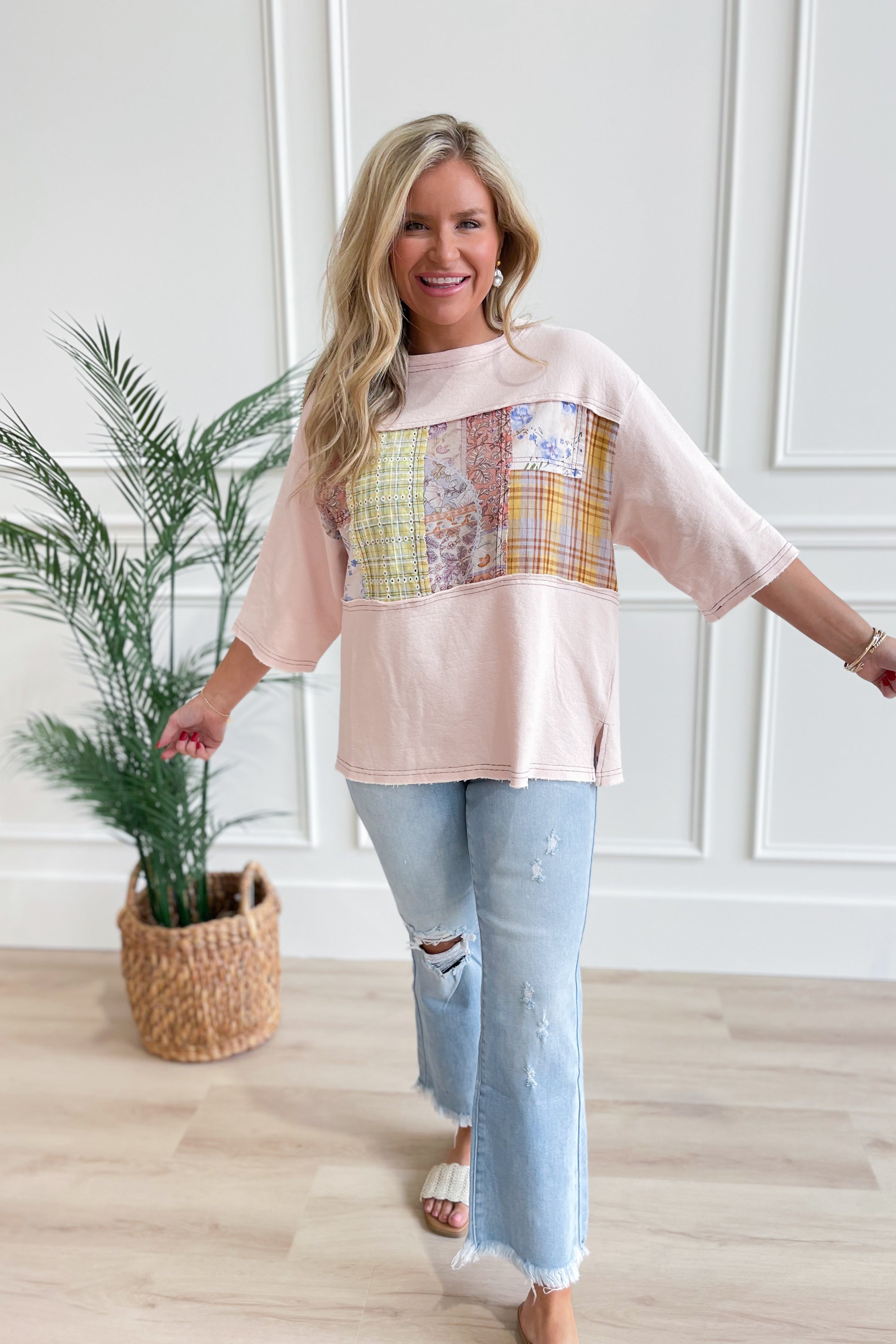 Edward Mix Print Patchwork Detail Half Sleeve Top - Be You Boutique