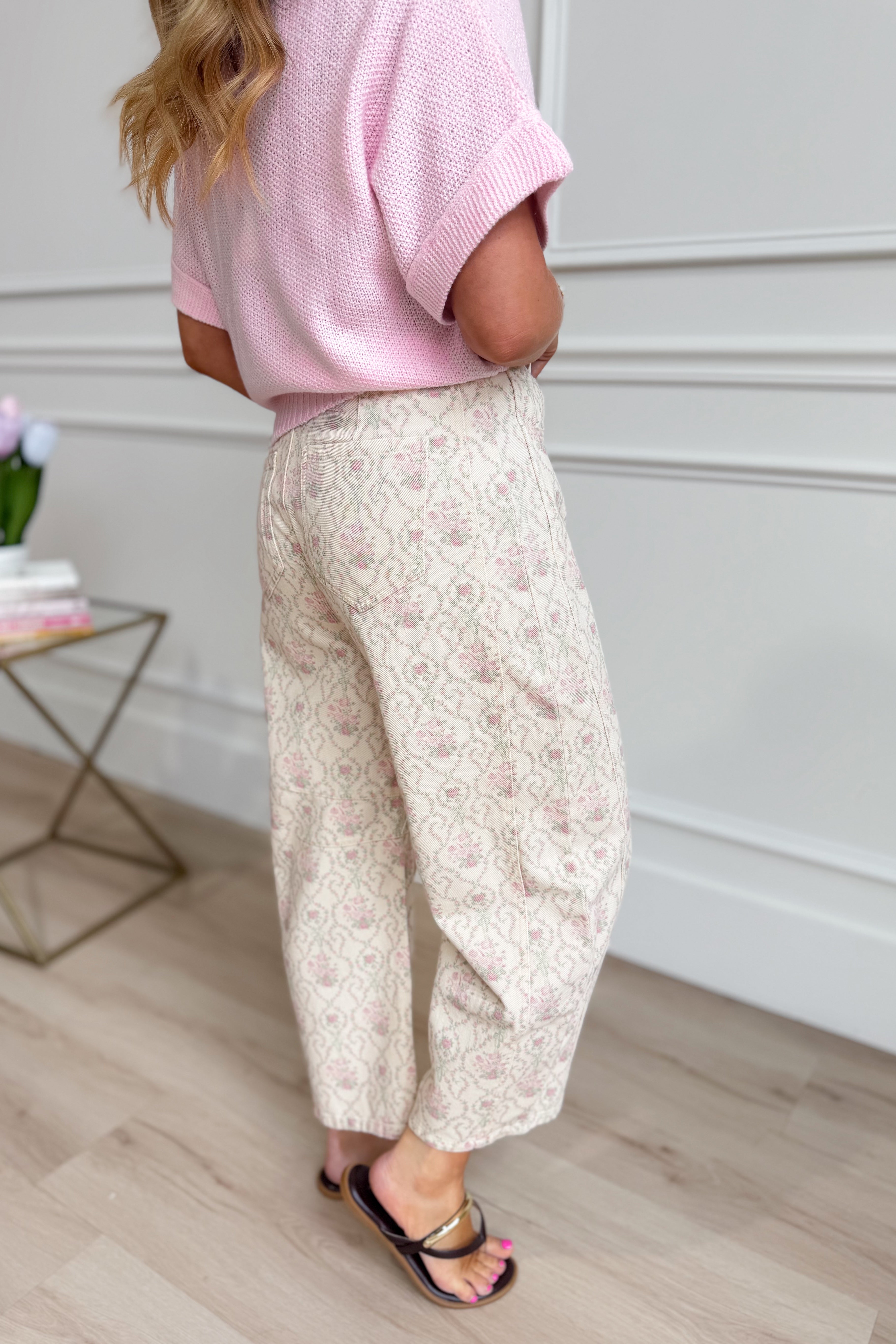 PEACH LOVE Ruth Baroque Floral Twill Barrel Pant from 147 Novelty Jeans, featuring vibrant floral pattern and tailored fit.
