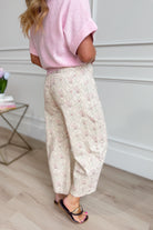 PEACH LOVE Ruth Baroque Floral Twill Barrel Pant from 147 Novelty Jeans, featuring vibrant floral pattern and tailored fit.