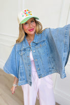WISHLIST Fred denim cape jacket, 140 outerwear, stylish blue denim with cape design, front buttons, and shoulder details.