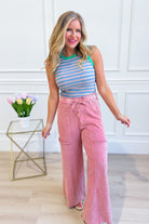EASEL Bradley Mineral Washed Terry Knit Wide Leg Pants in earthy tone, showing relaxed fit and wide-leg style on model.