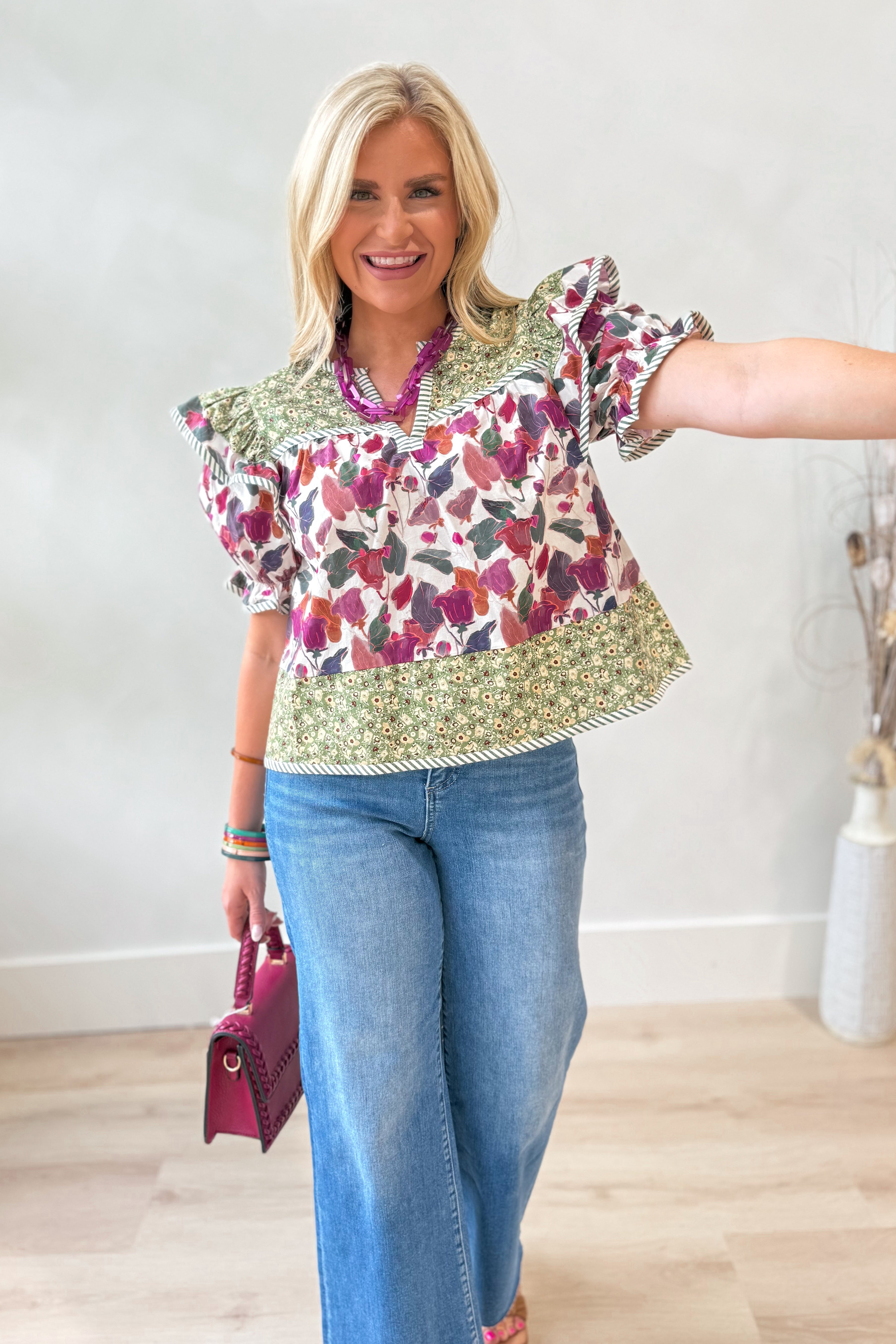 Paige Multi Print Split Neck Top - Be You Boutique