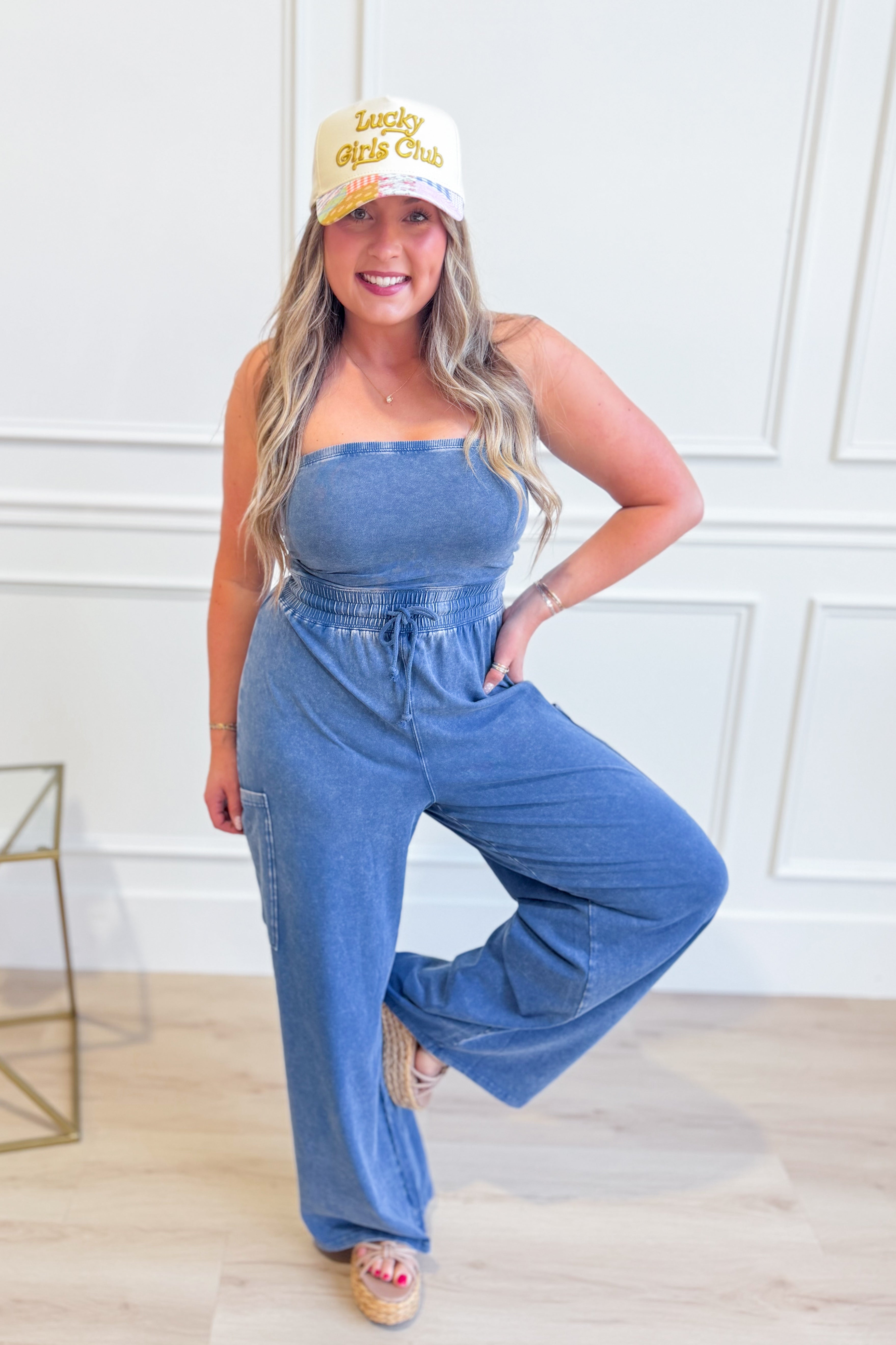 HYFVE Joni strapless mineral washed jumpsuit with a relaxed fit and casual style, shown in a front view.