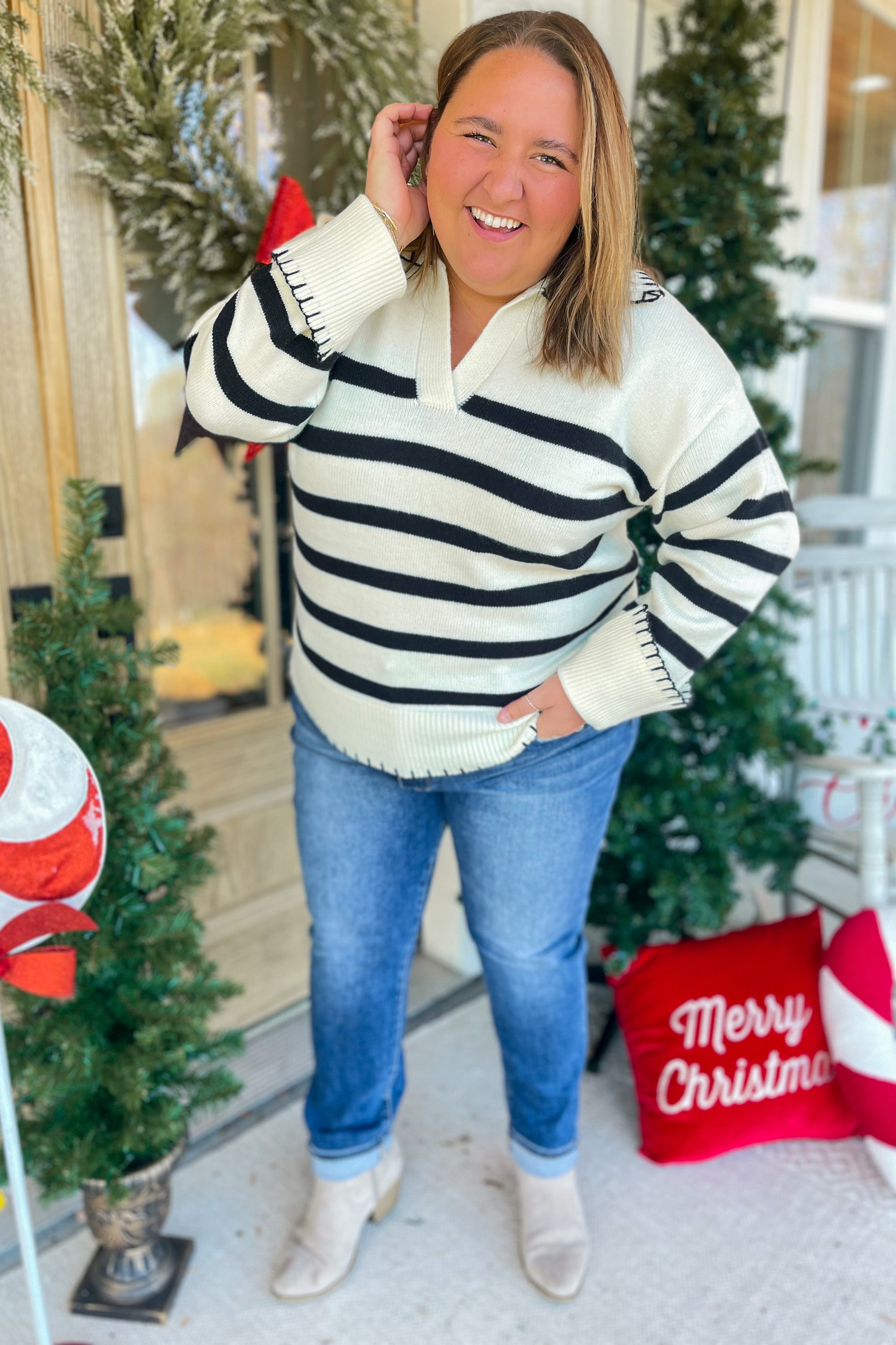 Randy Stitched Edge Striped Notch Neck Sweater [S-3X] - Be You Boutique