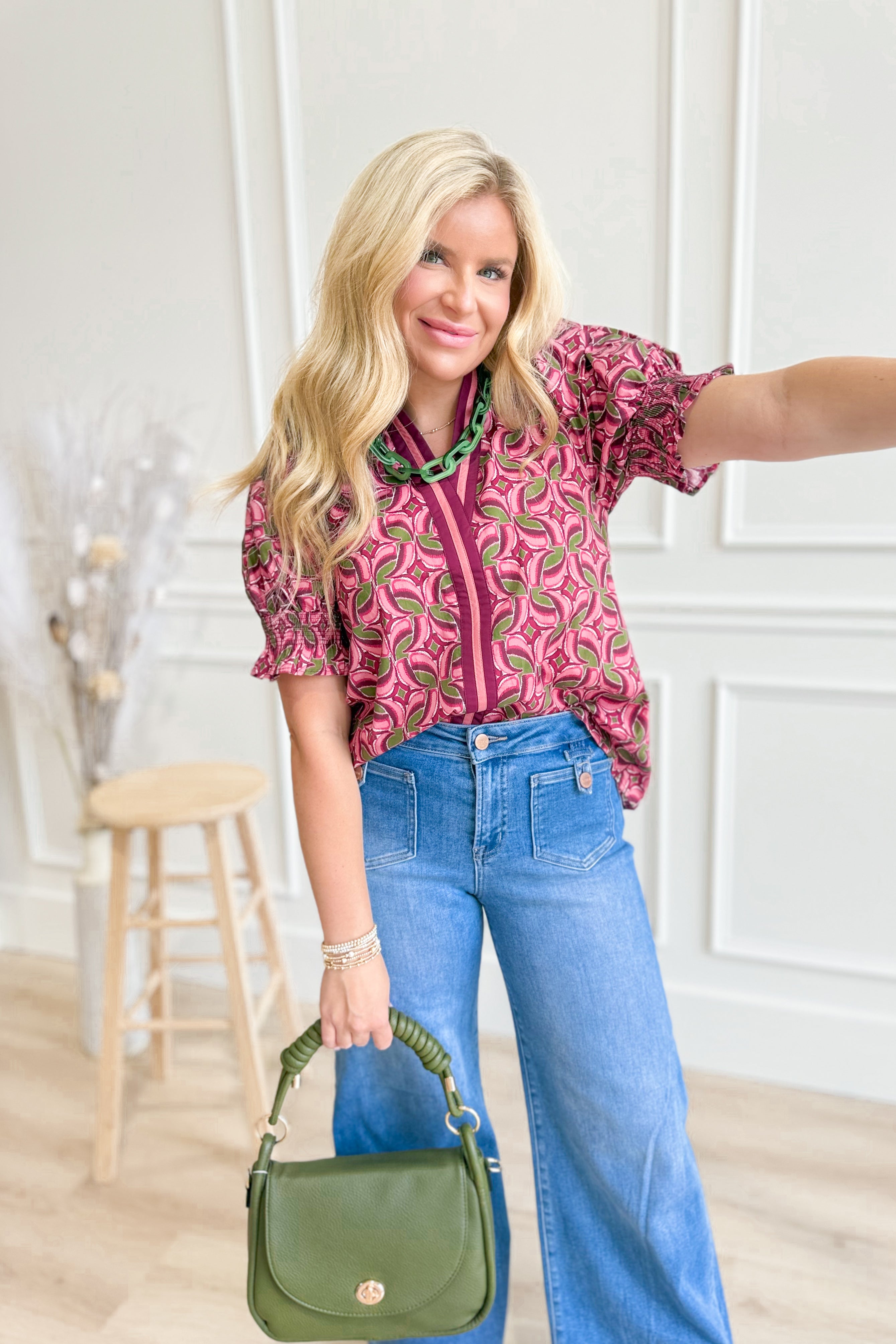 Laura Abstract Pattern Smocked Cuff Top - Be You Boutique