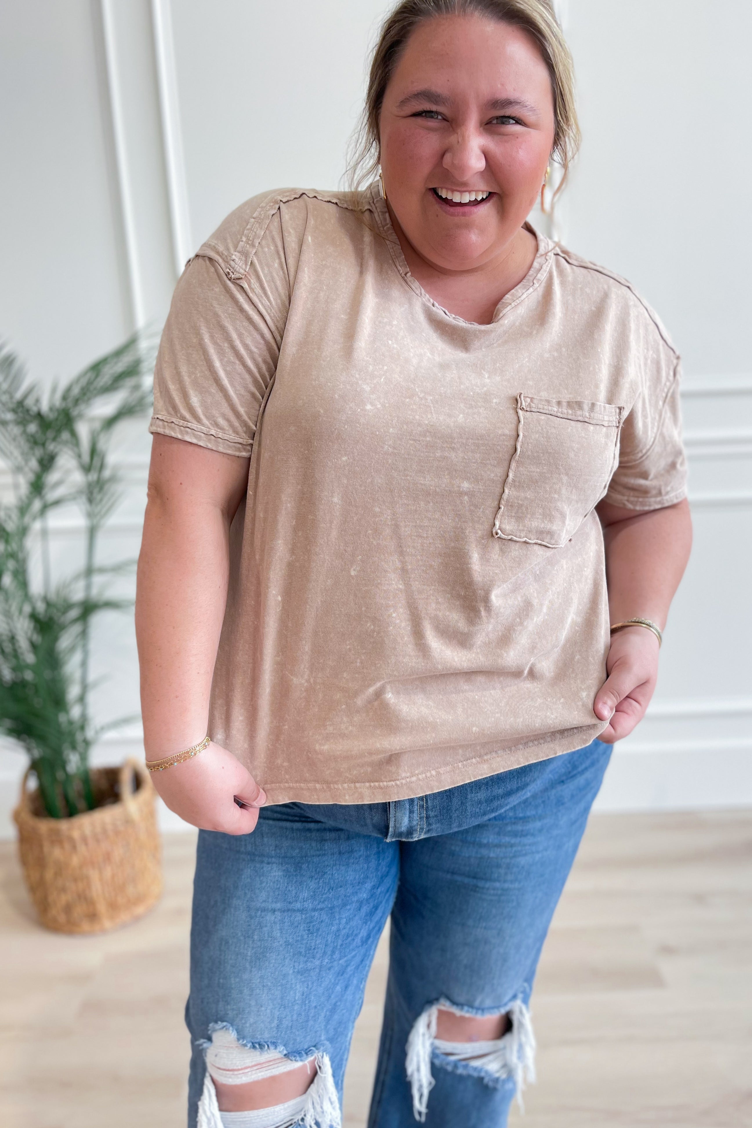 Clara Short Sleeve Washed Knit Pocket Tee - Taupe - Be You Boutique