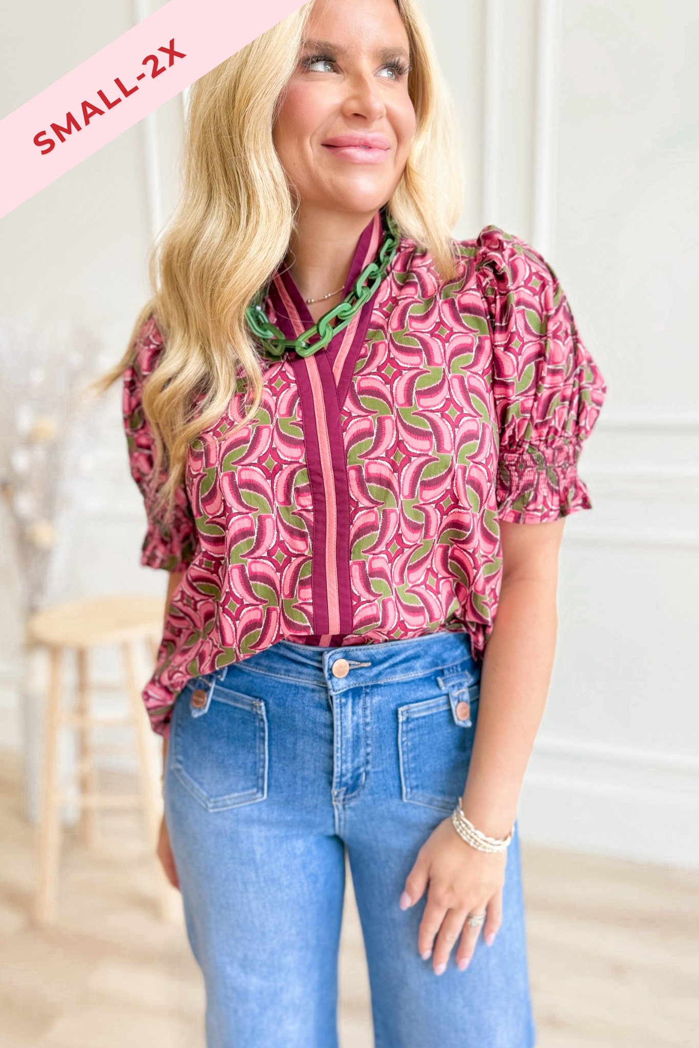 Laura Abstract Pattern Smocked Cuff Top - Be You Boutique