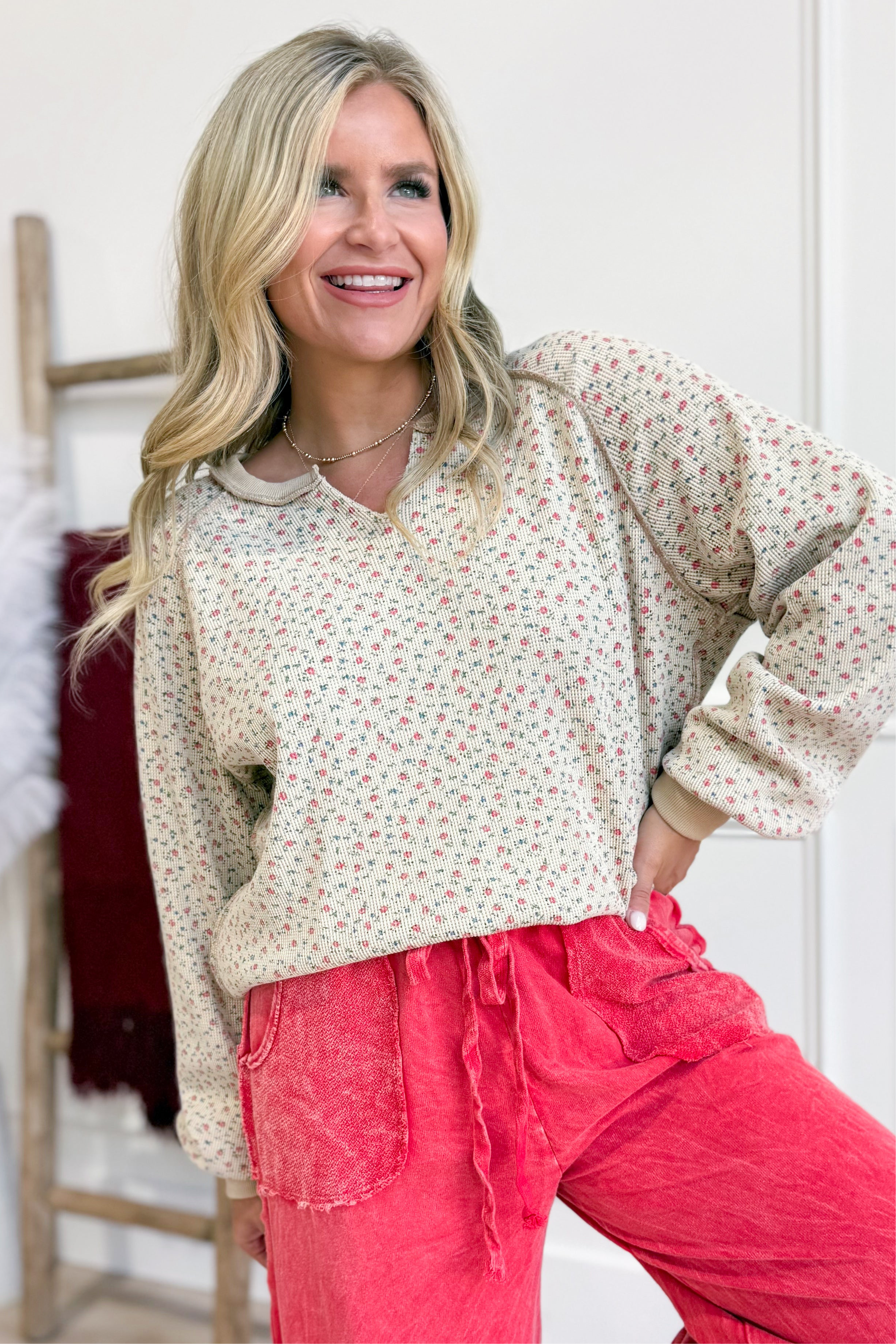 Addy Textured Floral Raglan Sleeve Top - Be You Boutique