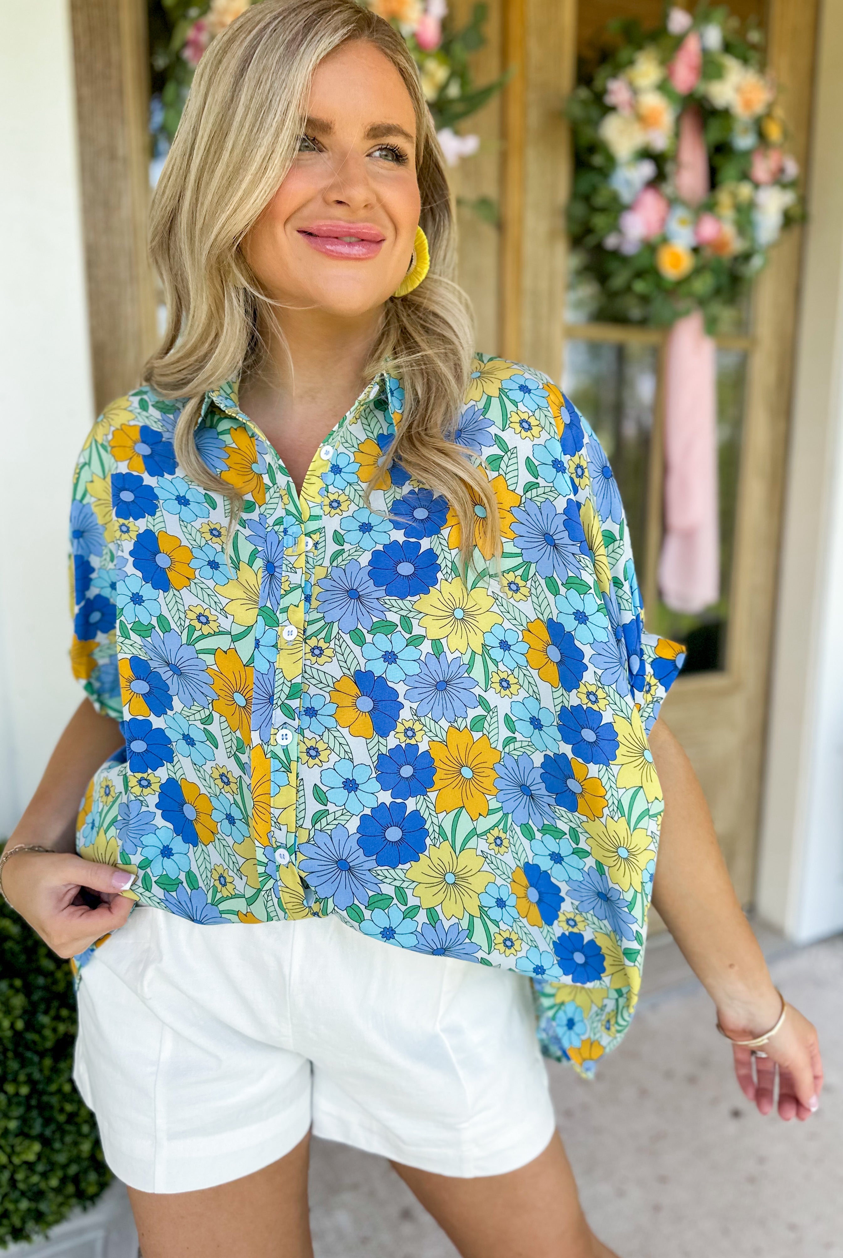 Molly Flower Print Boxy Button Down Collared Top - Be You Boutique