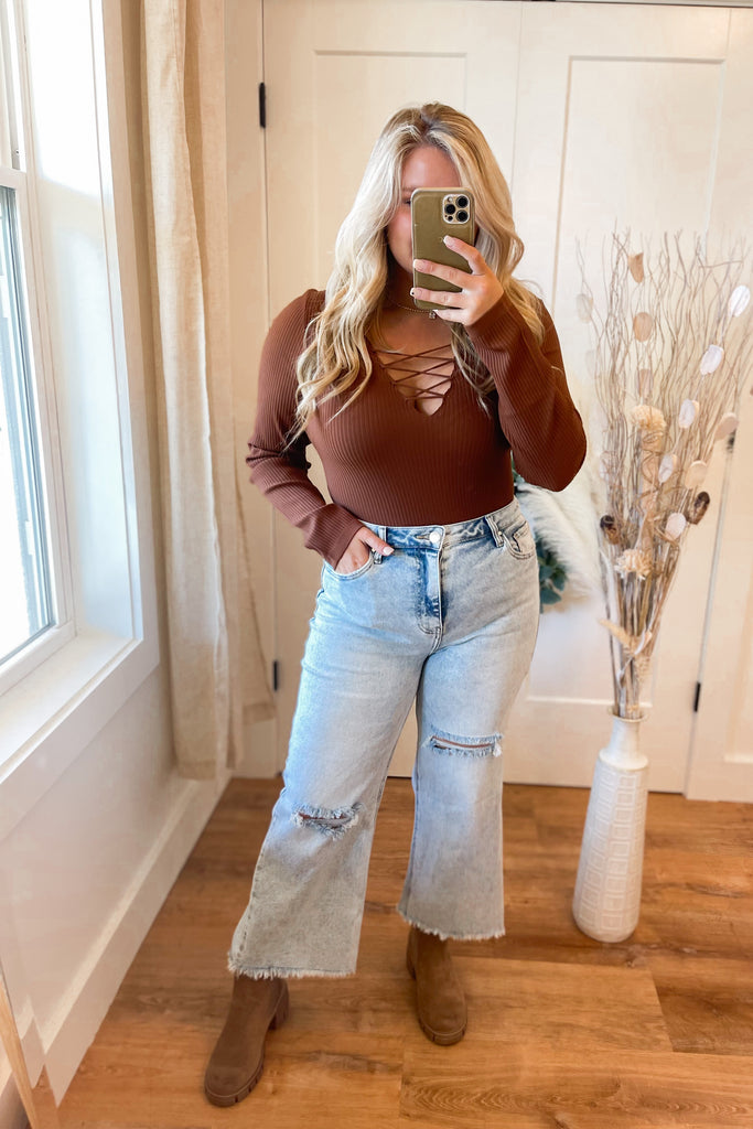 Kayce Ribbed Lace-up Long Sleeve Bodysuit Sweater - Be You Boutique