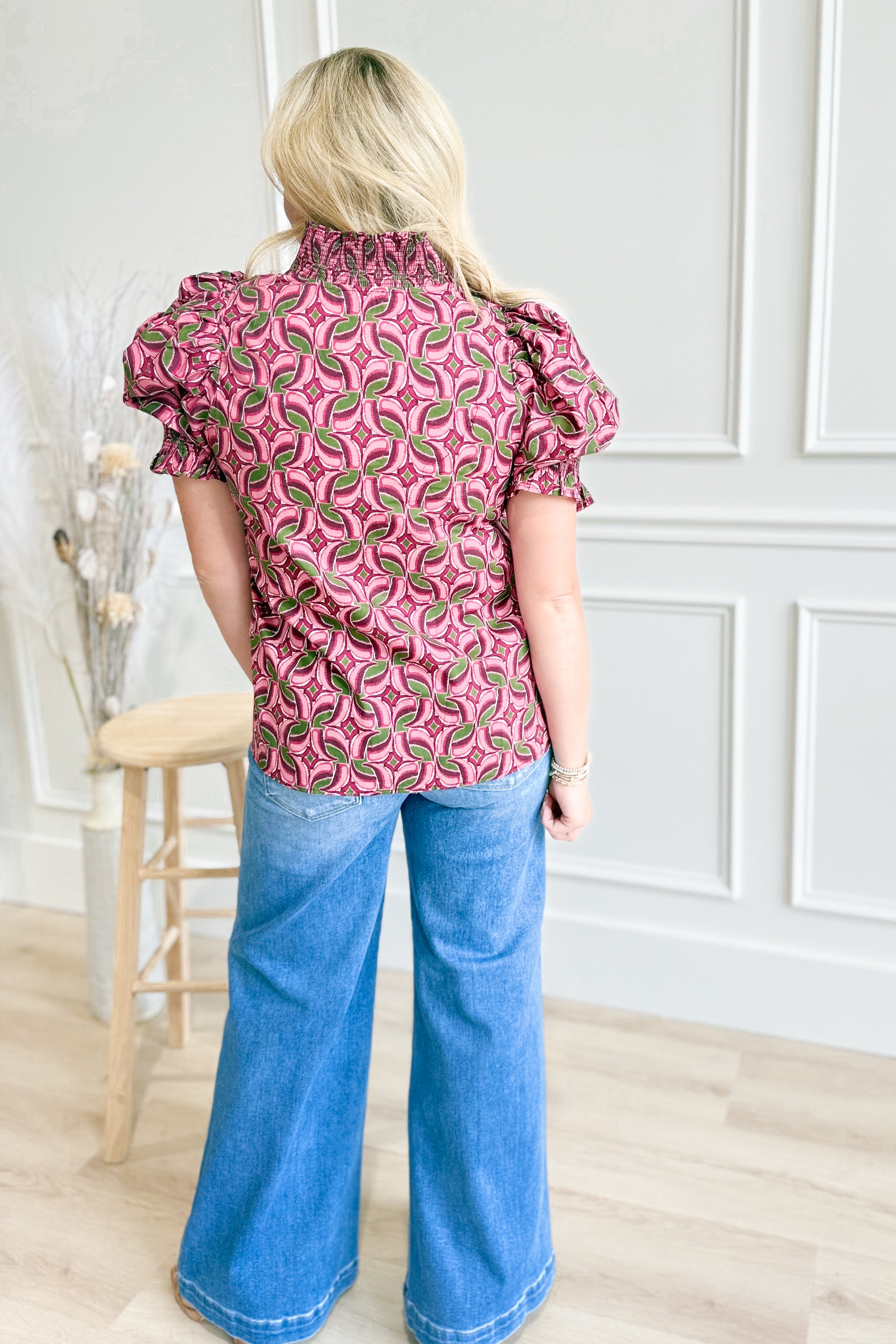 Laura Abstract Pattern Smocked Cuff Top - Be You Boutique
