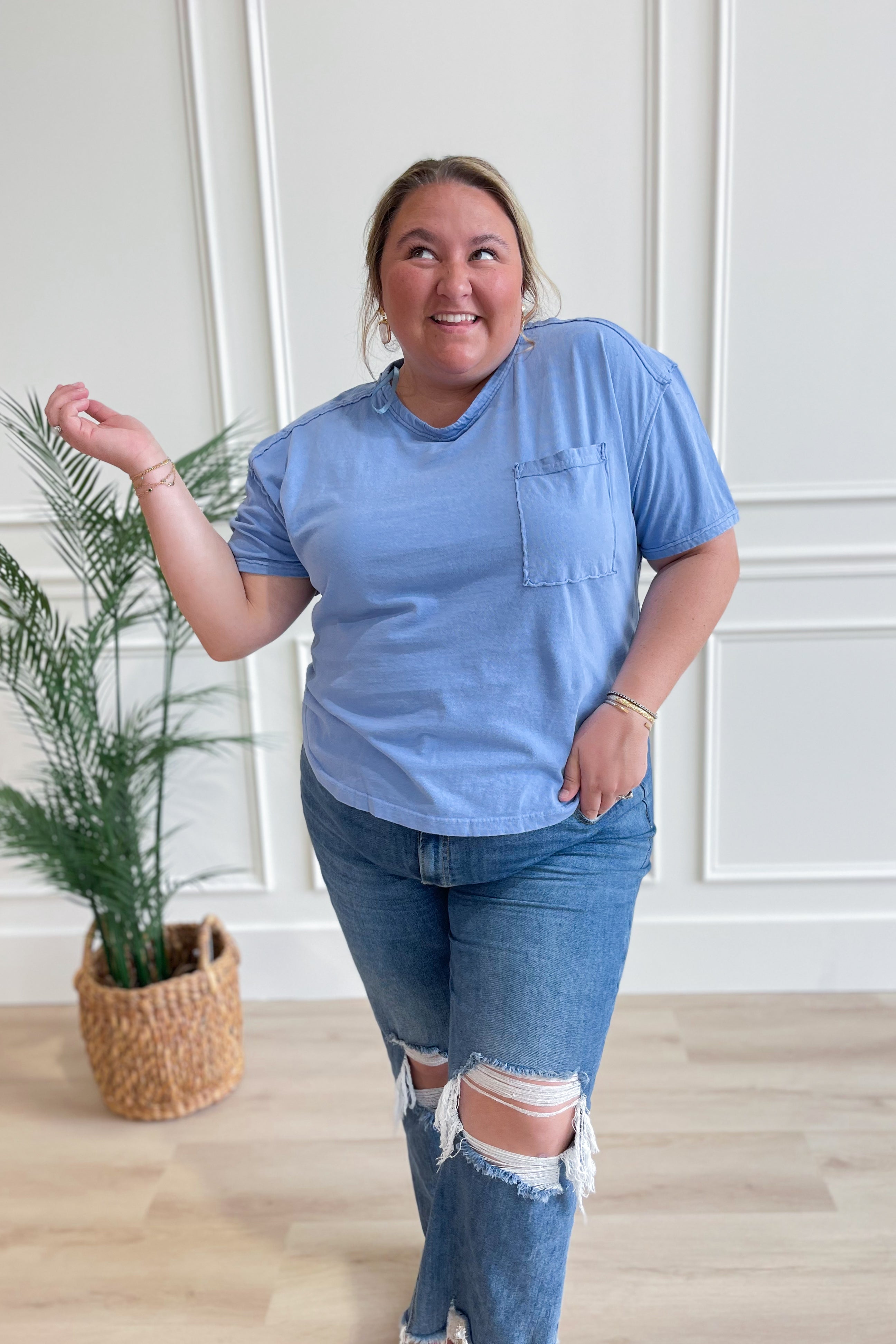 Clara Short Sleeve Washed Knit Pocket Tee - Blue - Be You Boutique