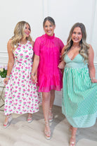 Kim Hot Pink Flutter Sleeve Mock Neck Dress by ENTRO, elegant dress with flutter sleeves and a mock neck, suitable for dressy occasions.