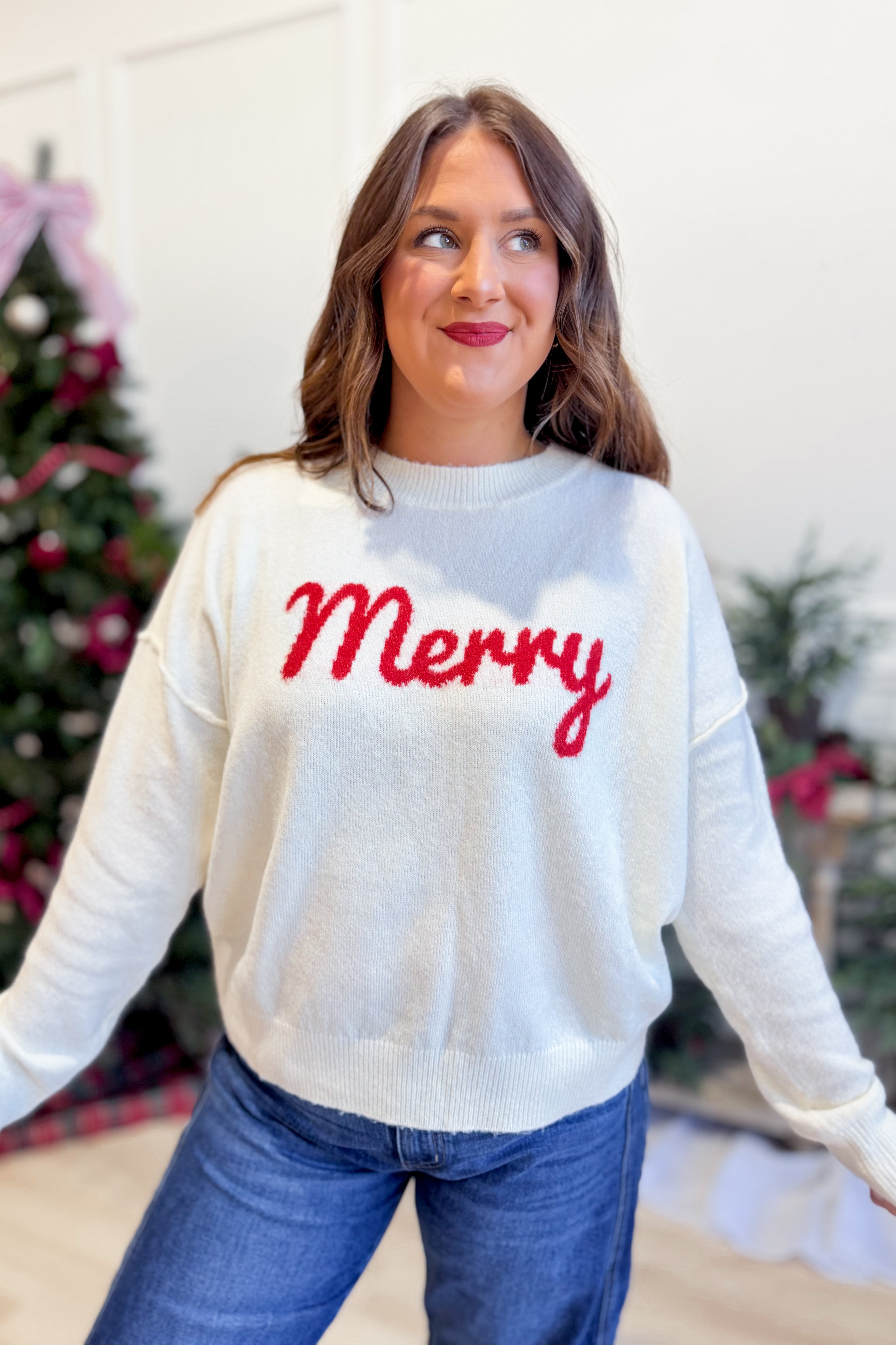 Wishlist Lottie Merry cursive holiday sweater with festive text design and cozy knit fabric