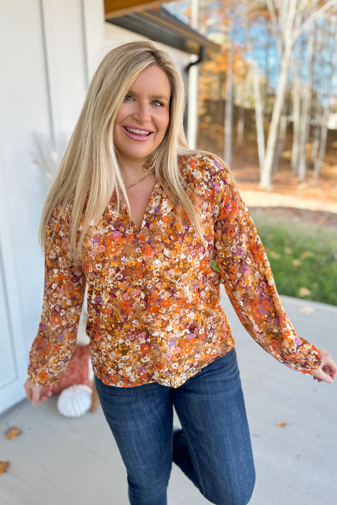 Peggy Floral Long Sleeve Mock Neck Blouse Top - Be You Boutique