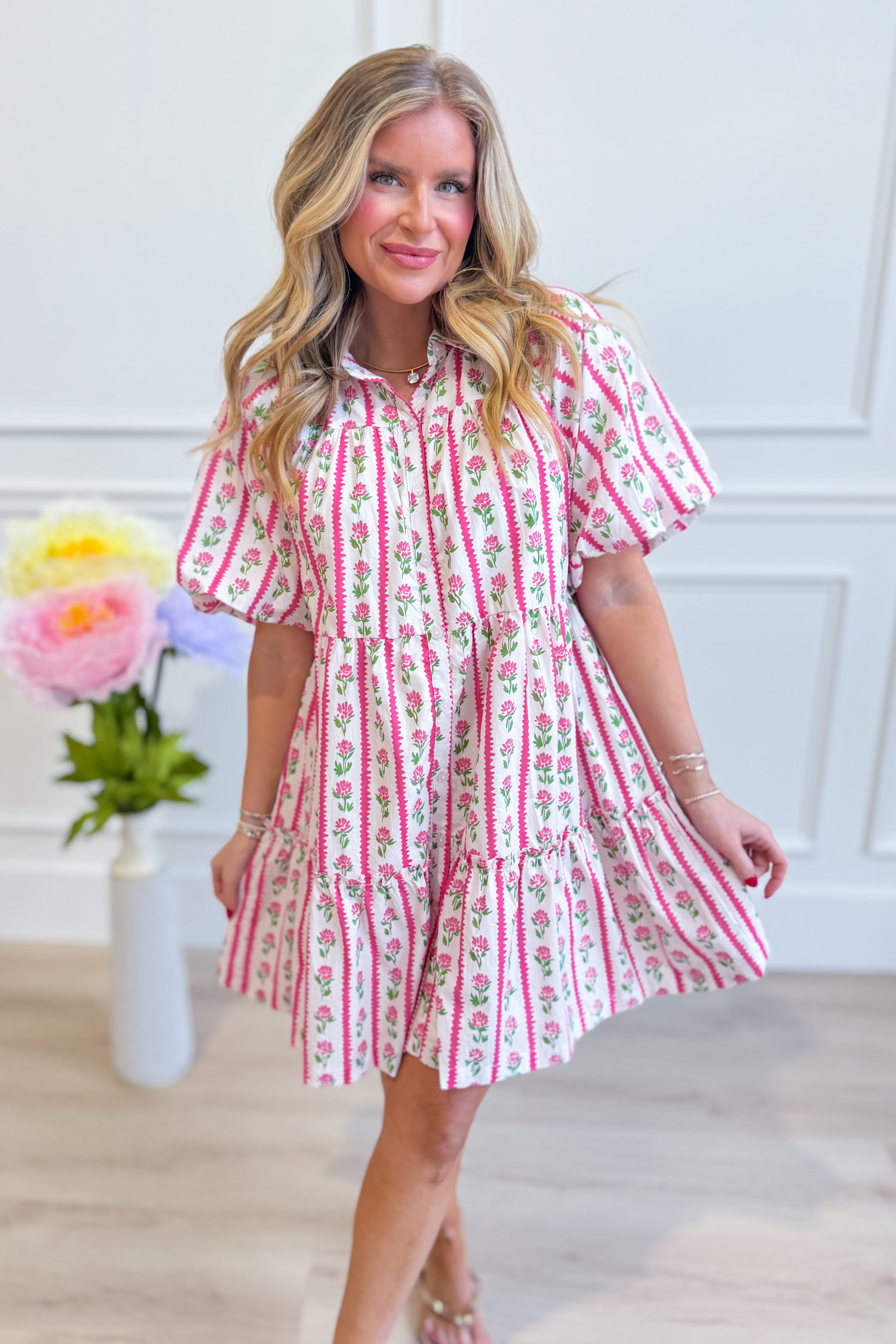 Mia floral stripe print dress by MITTOSHOP featuring a lightweight, stylish design with vibrant floral and stripe patterns.
