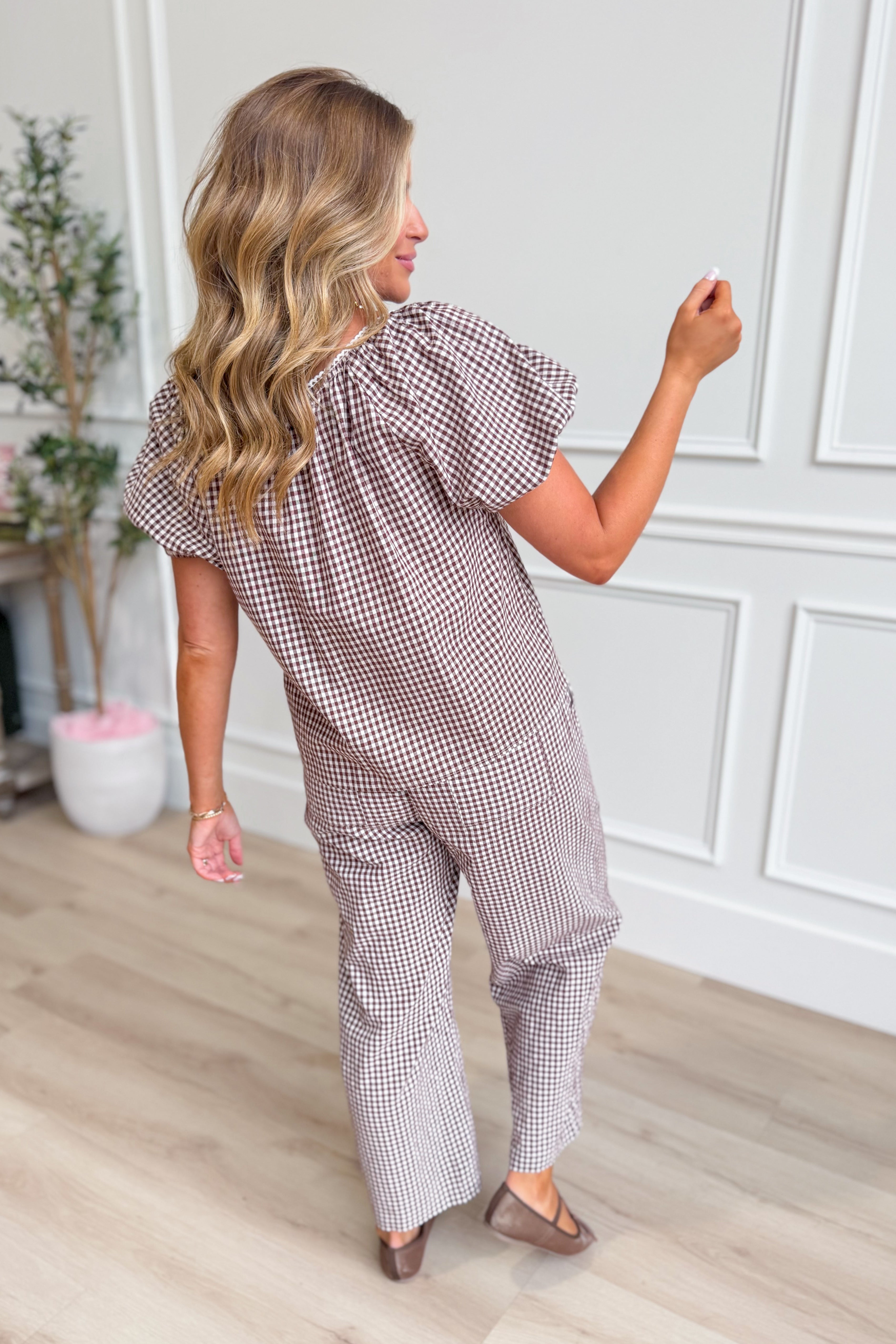 TWENTIFOURTH Linus Espresso Gingham Straight Leg Pant, 156 Pants, showing the stylish gingham pattern and tailored fit.