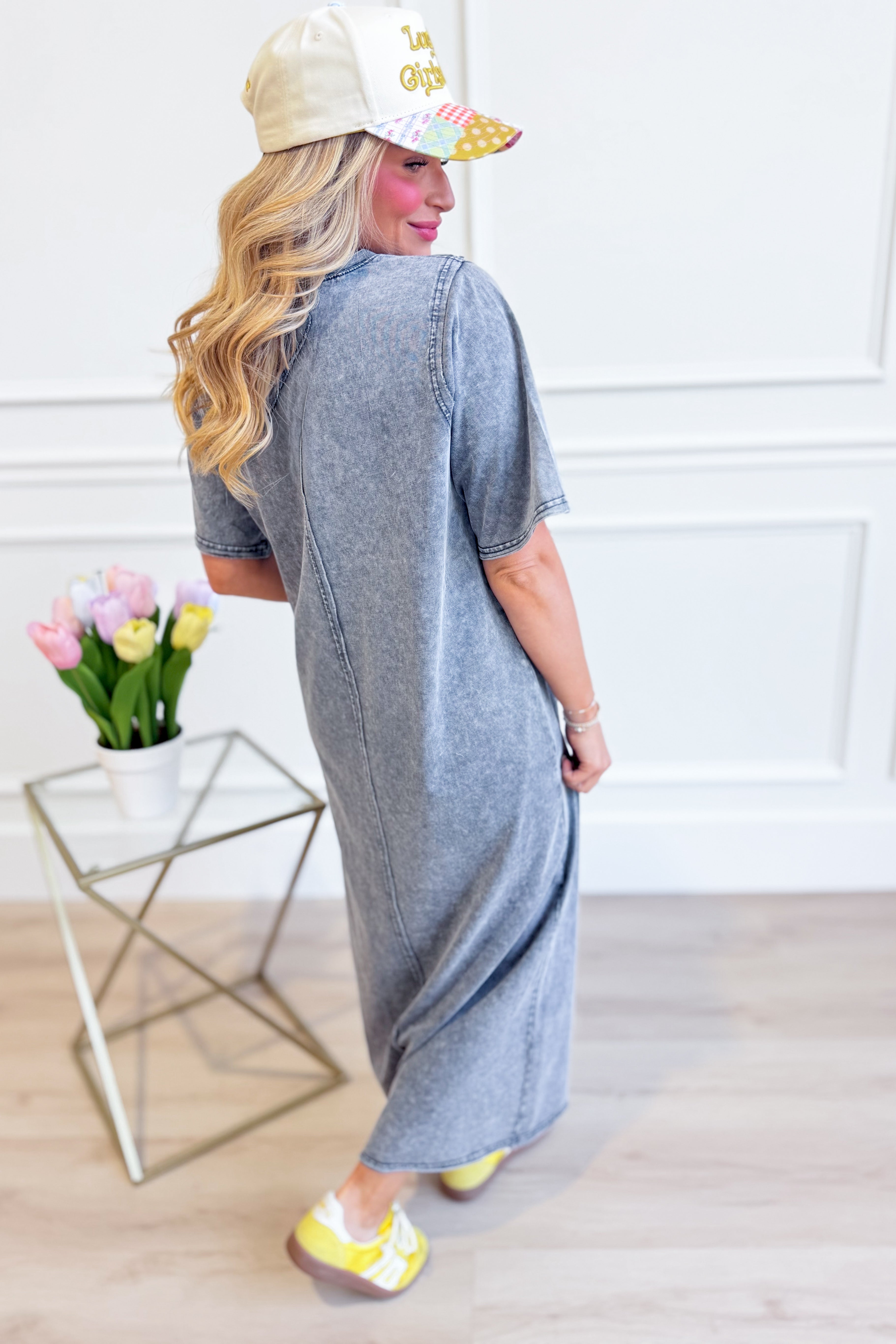 EASEL Casey Mineral Wash Terry Midi Dress in casual style, featuring a relaxed fit and mineral wash fabric.
