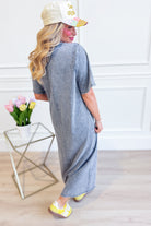 EASEL Casey Mineral Wash Terry Midi Dress in a casual, relaxed fit with mineral wash fabric and short sleeves, displayed on a hanger.