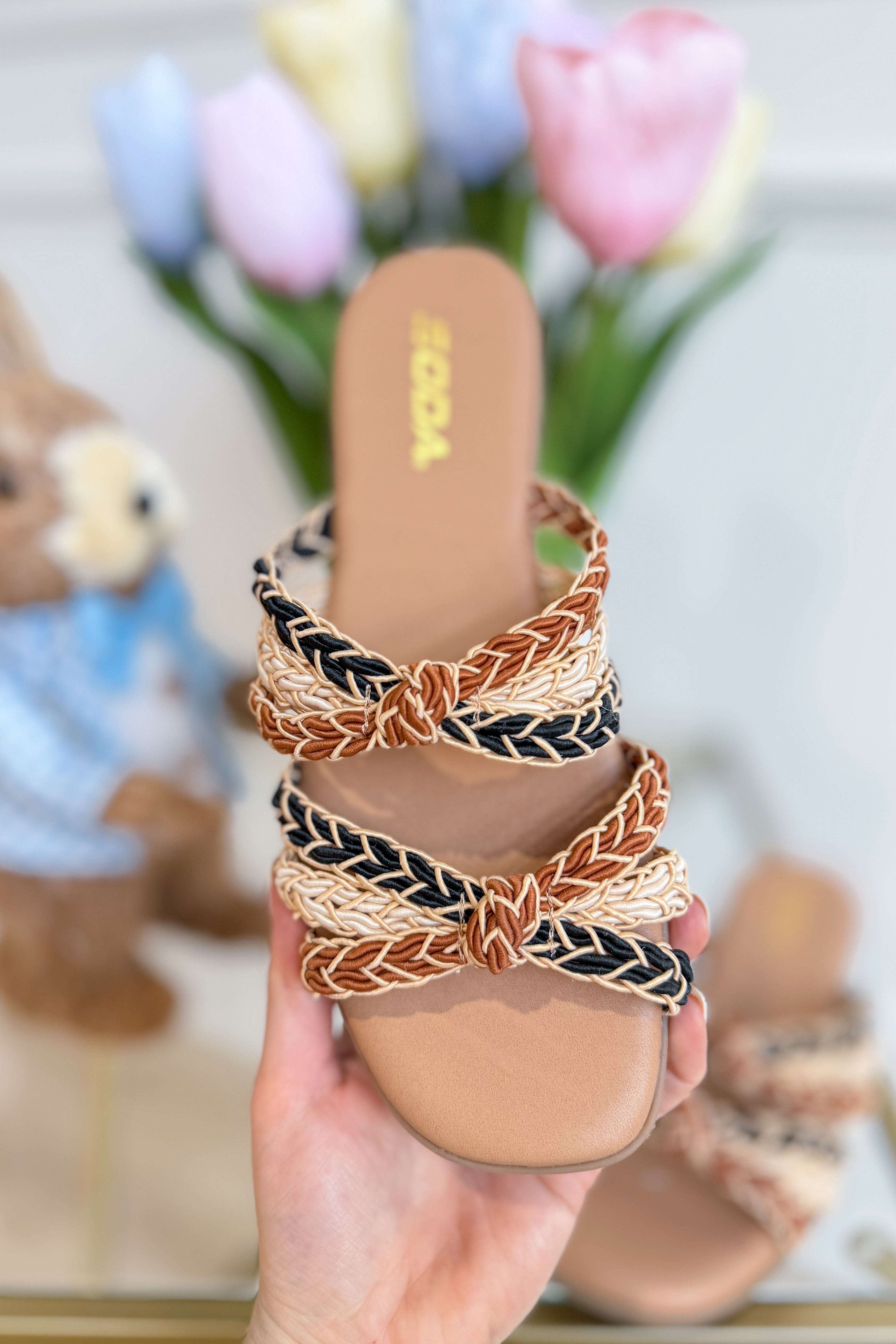 Soda Rayko Tan multi-braided sandal from 212 Other Shoes collection, featuring woven leather straps and a flat sole.
