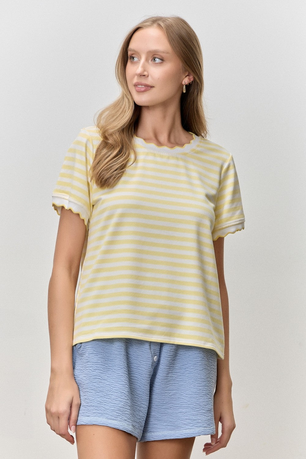 Baevely Laura Butter striped scallop trim casual top with short sleeves and relaxed fit, featuring a stylish pattern and scalloped edges.