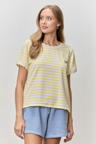 Baevely Laura Butter striped scallop trim casual top with short sleeves and relaxed fit, featuring a stylish pattern and scalloped edges.