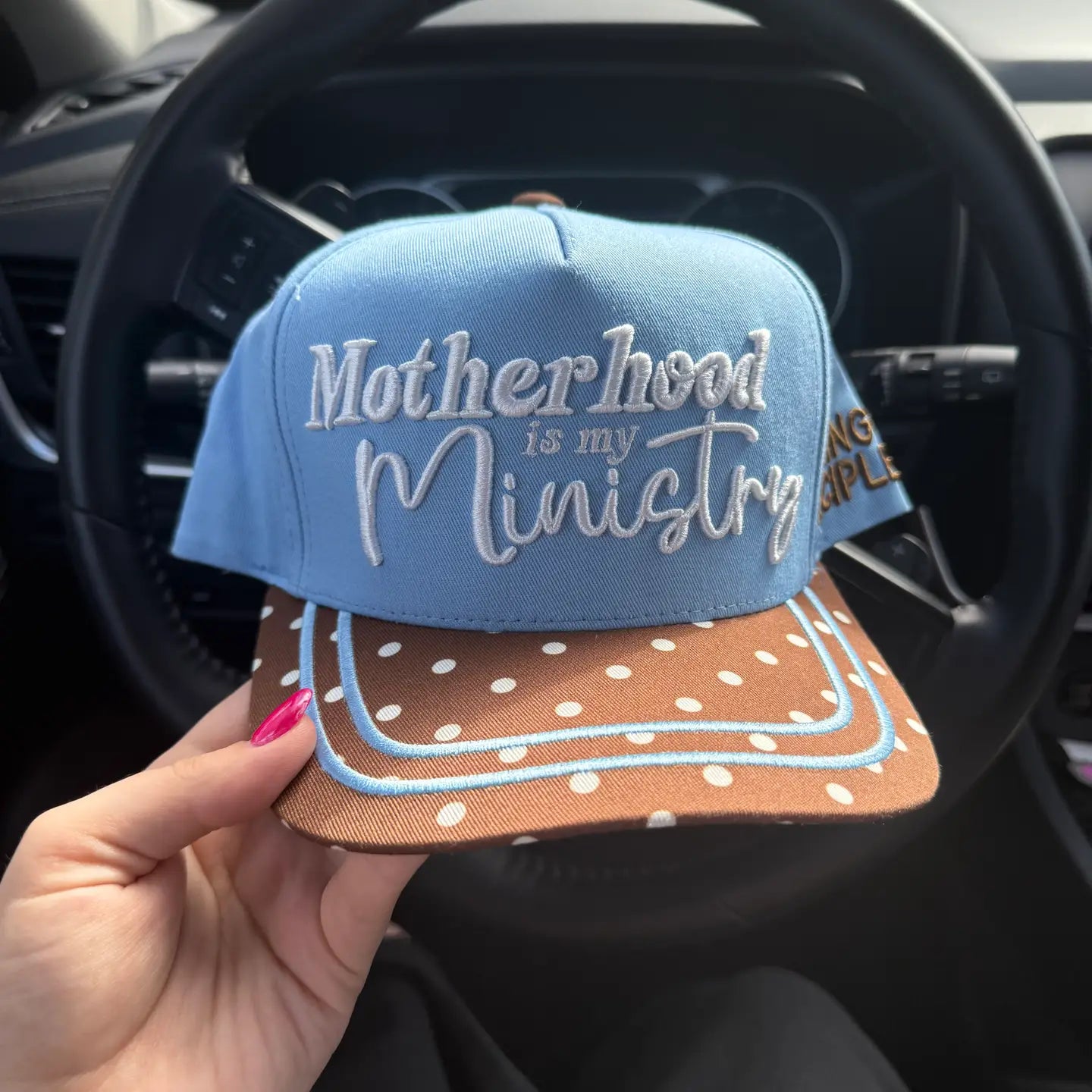Broke Babe Motherhood Is My Ministry trucker hat with adjustable strap and embroidered design, casual accessory for moms.