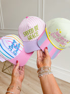 Taylor Elliot Designs Saved By Grace baseball hat with embroidered text, casual accessory, 217 hair accessories collection.